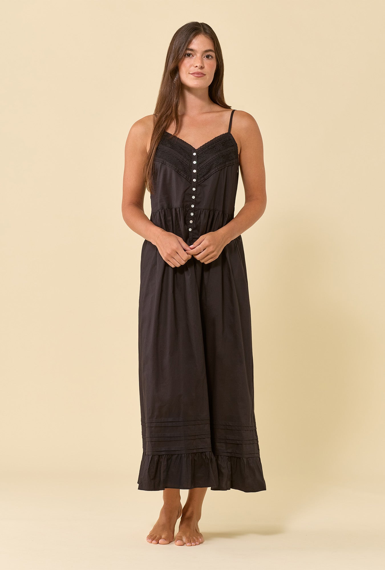 Elise Iconic Black 100% Cotton Woven Lawn Shoulder Strap Ballet Nightgown