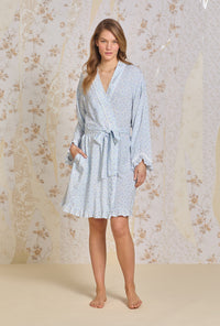A lady wearing Lavender Fields Ecovero™ Rayon Short Wrap Robe