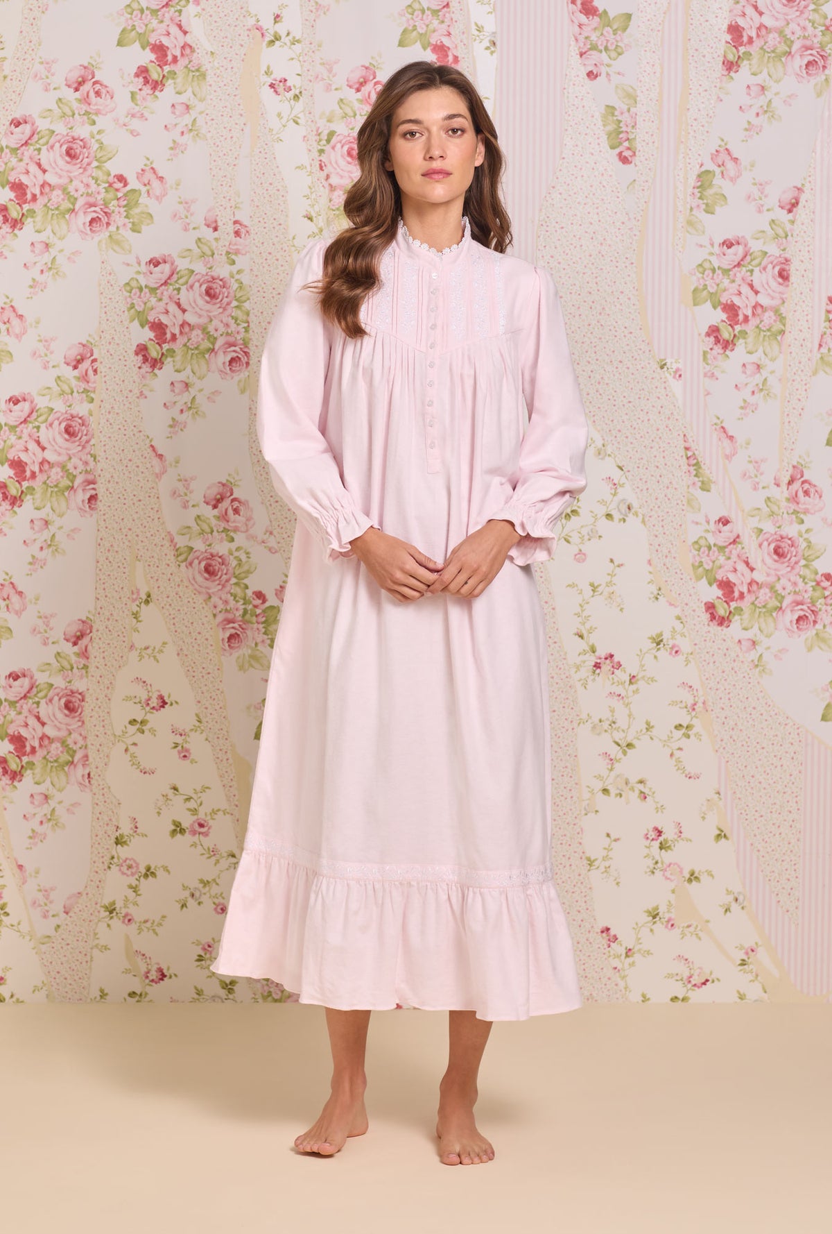 A lady wearing Blush Heritage Cotton Flannel Embroidery Highneck Long Nightgown