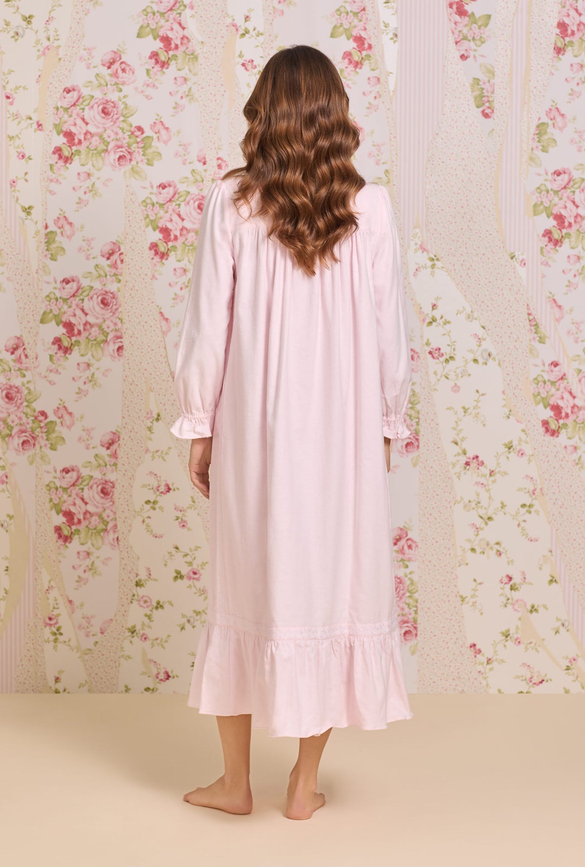A lady wearing Blush Heritage Cotton Flannel Embroidery Highneck Long Nightgown