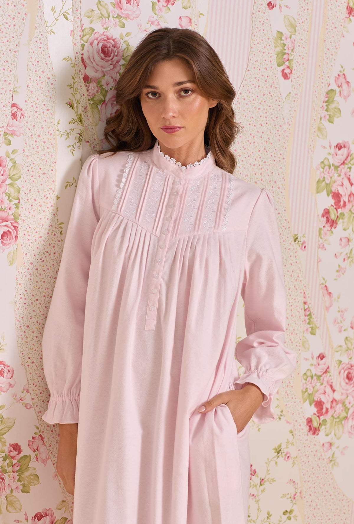 A lady wearing Blush Heritage Cotton Flannel Embroidery Highneck Long Nightgown