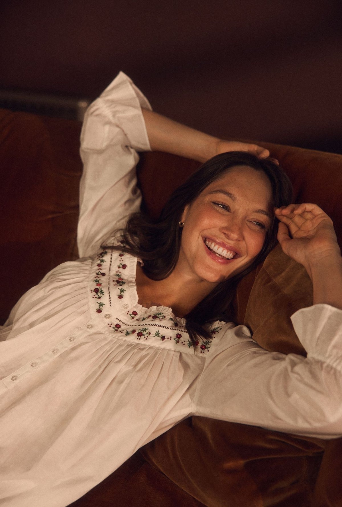 A Lady wearing Iconic White Rosevine Embroidered Cotton Lawn Long Sleeve Nightgown