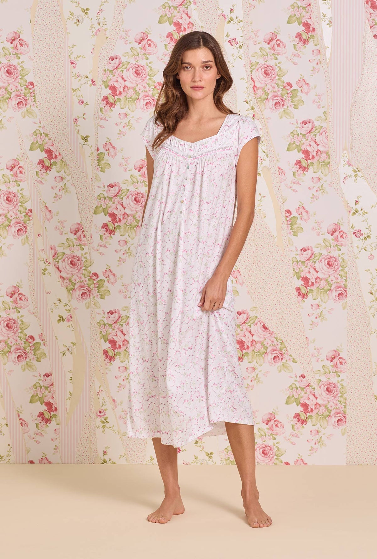 A Lady Wearing Rosevine Ditsy Cotton Knit Cap Sleeve Ballet Nightgown Front view