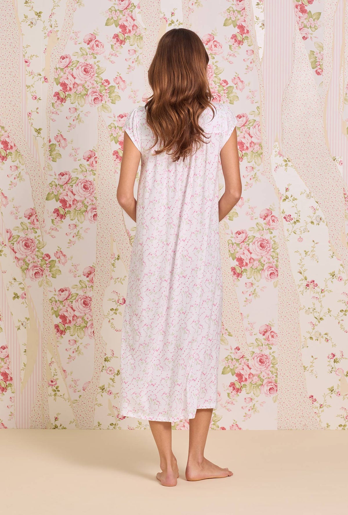 A Lady Wearing Rosevine Ditsy Cotton Knit Cap Sleeve Ballet Nightgown Back view