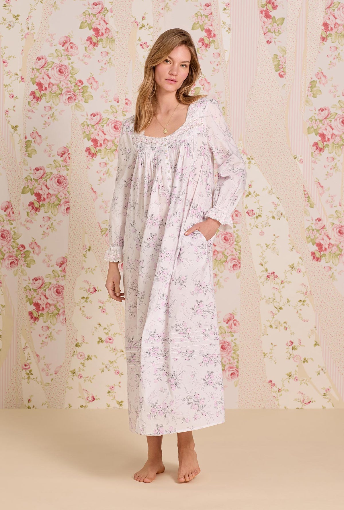 A lady wearing Quiet Bloom Cotton Lawn Button Front Robe