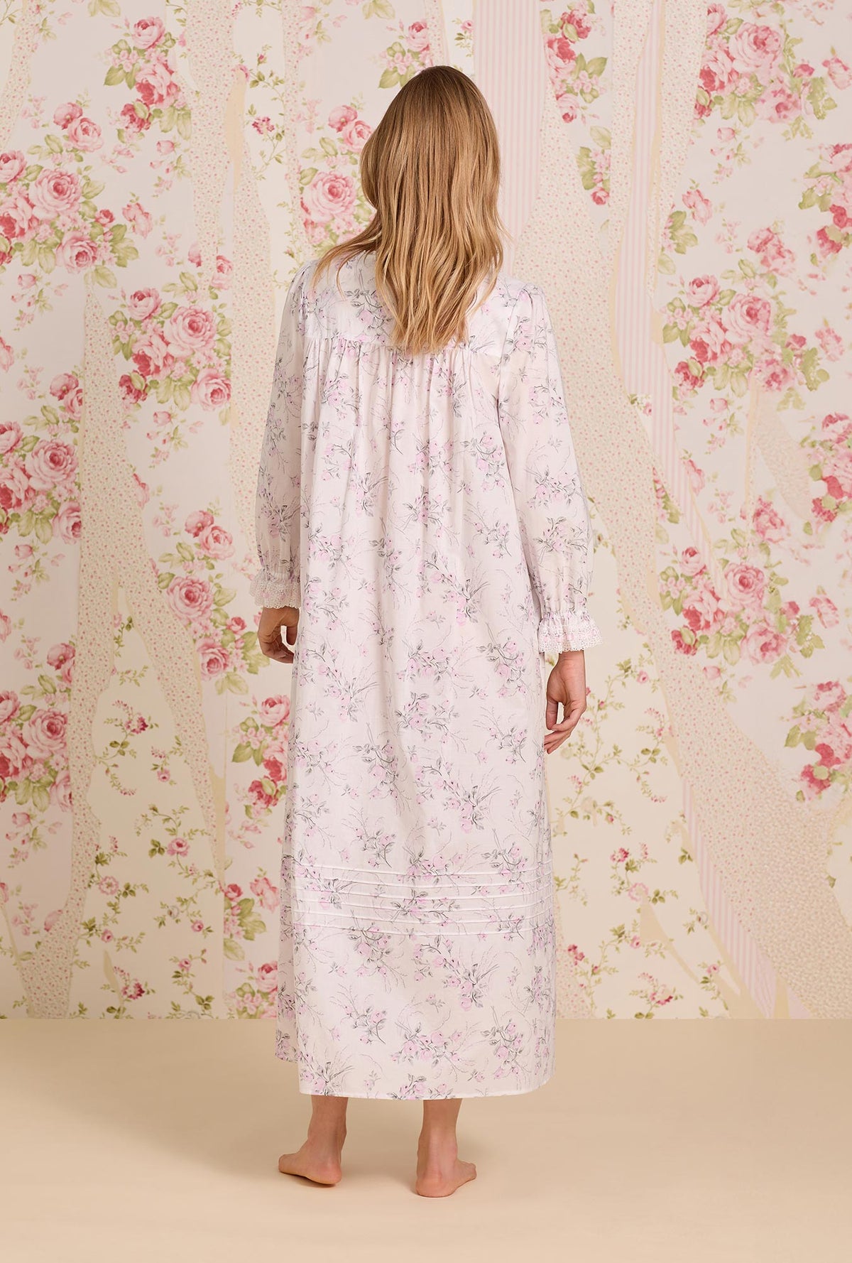 A lady wearing Quiet Bloom Cotton Lawn Button Front Robe