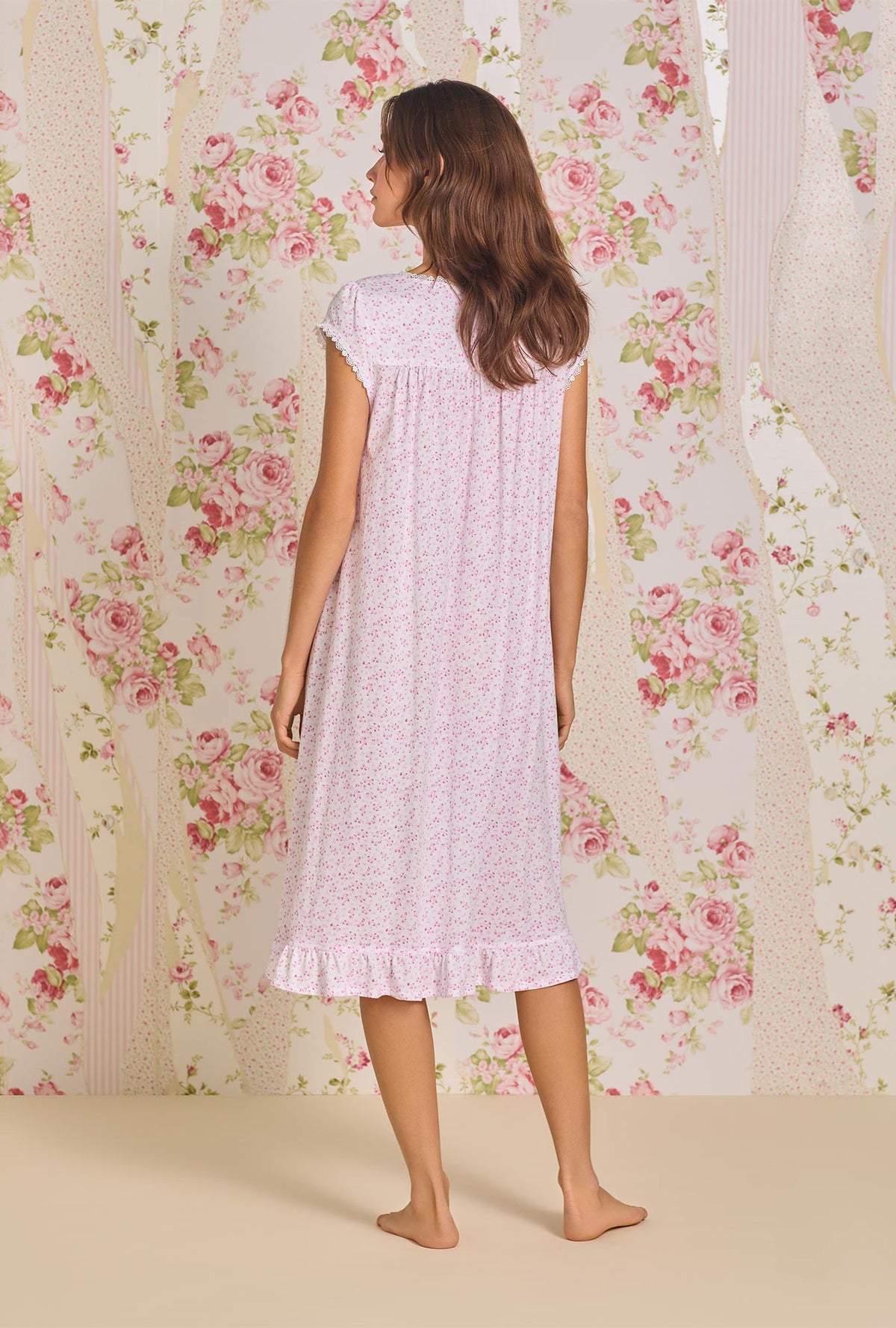 A lady wearing Cutesy Floral Cotton Modal Waltz Nightgown