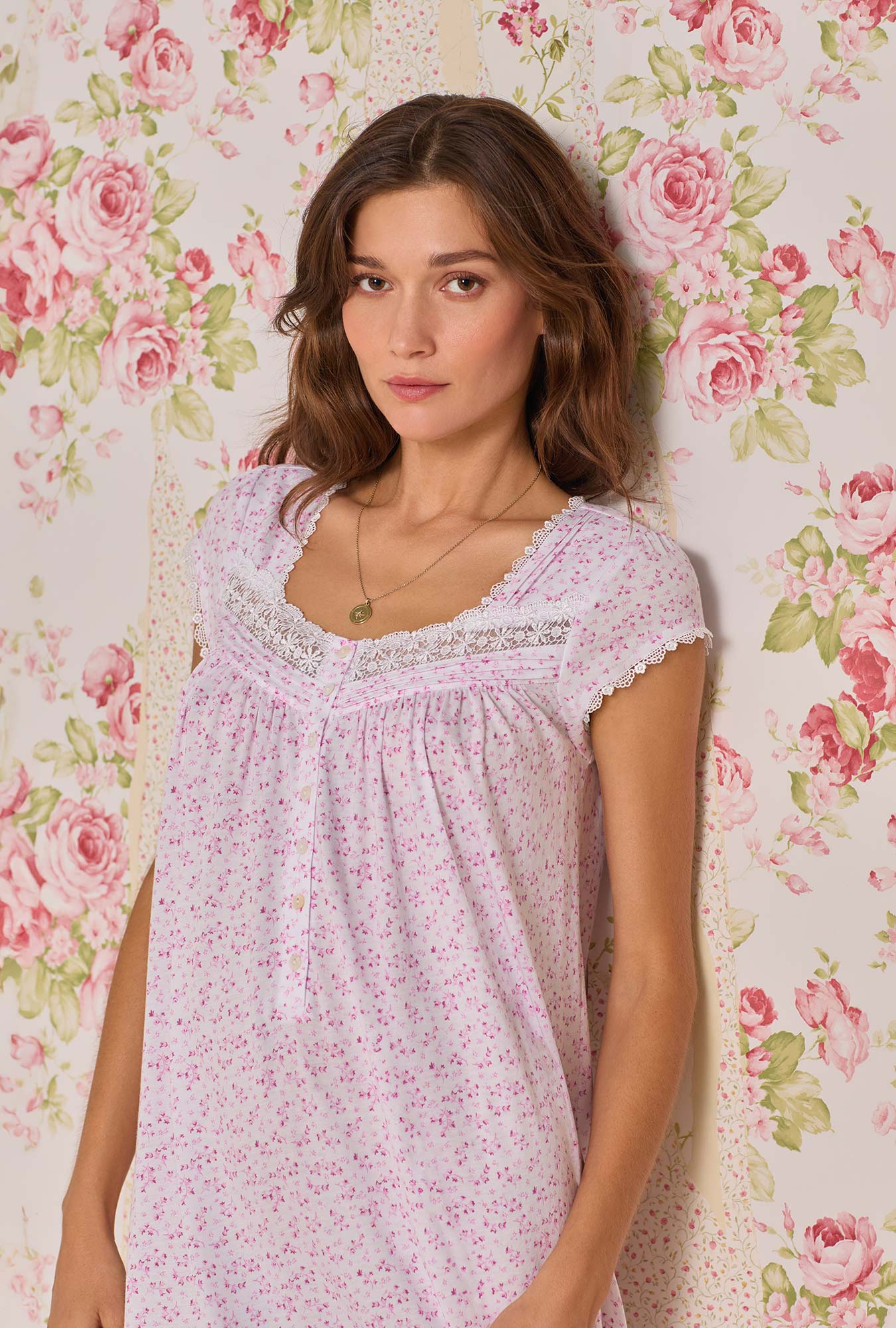 A lady wearing Cutesy Floral Cotton Modal Waltz Nightgown
