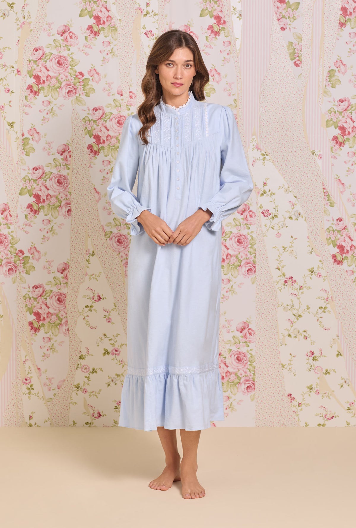 A lady wearing Peri Heritage Cotton Flannel Embroidery Highneck Long Nightgown
