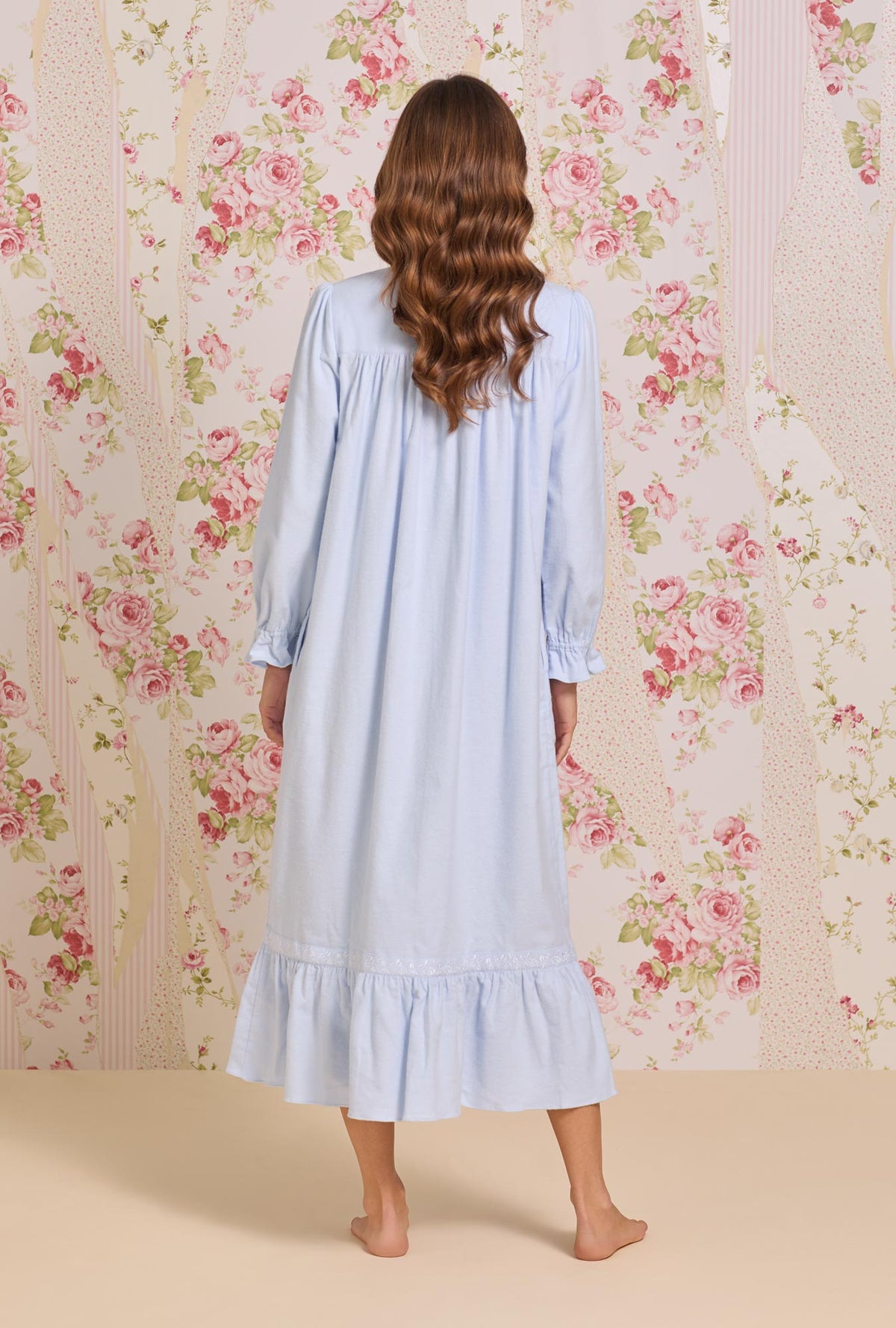 A lady wearing Peri Heritage Cotton Flannel Embroidery Highneck Long Nightgown
