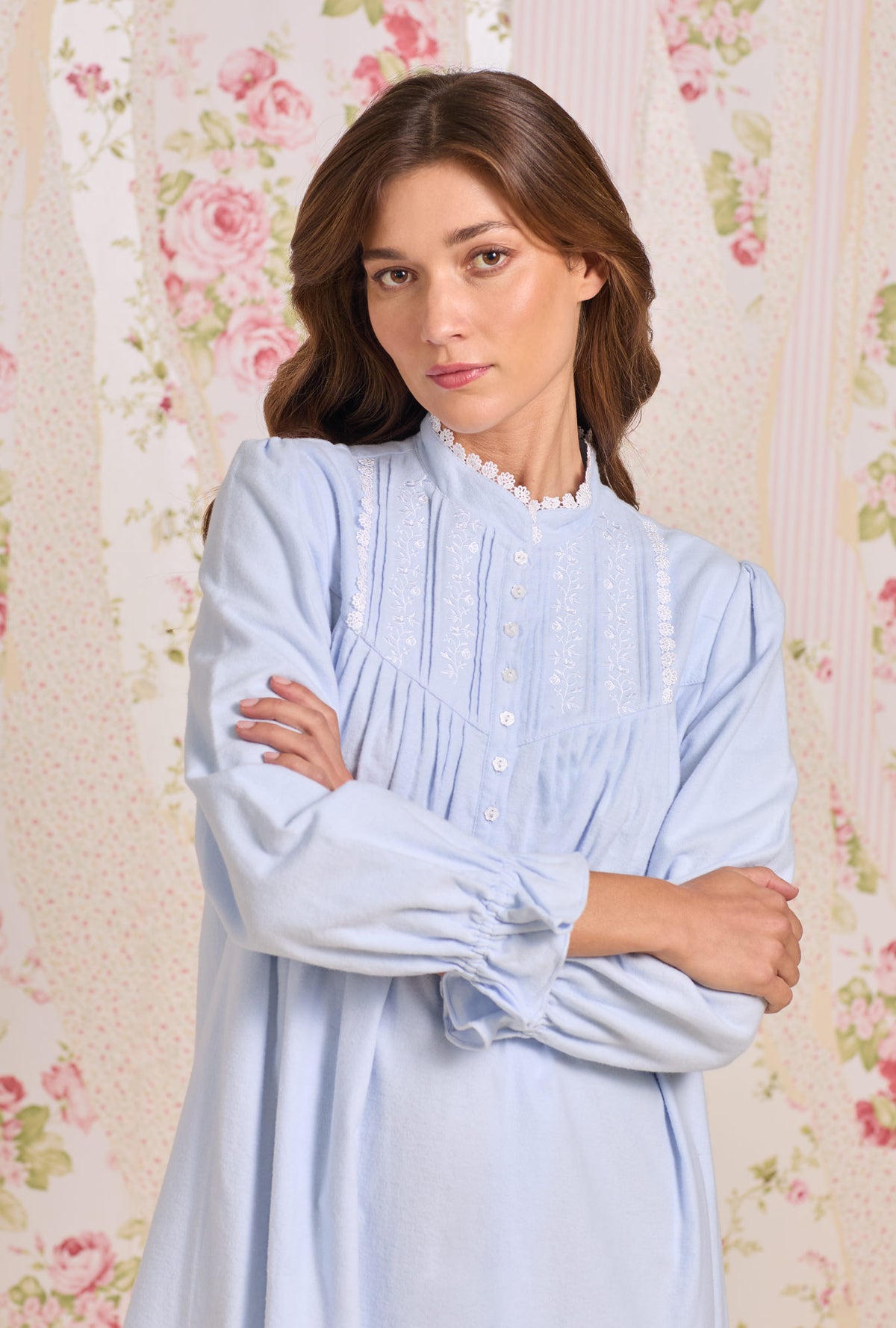 A lady wearing Peri Heritage Cotton Flannel Embroidery Highneck Long Nightgown