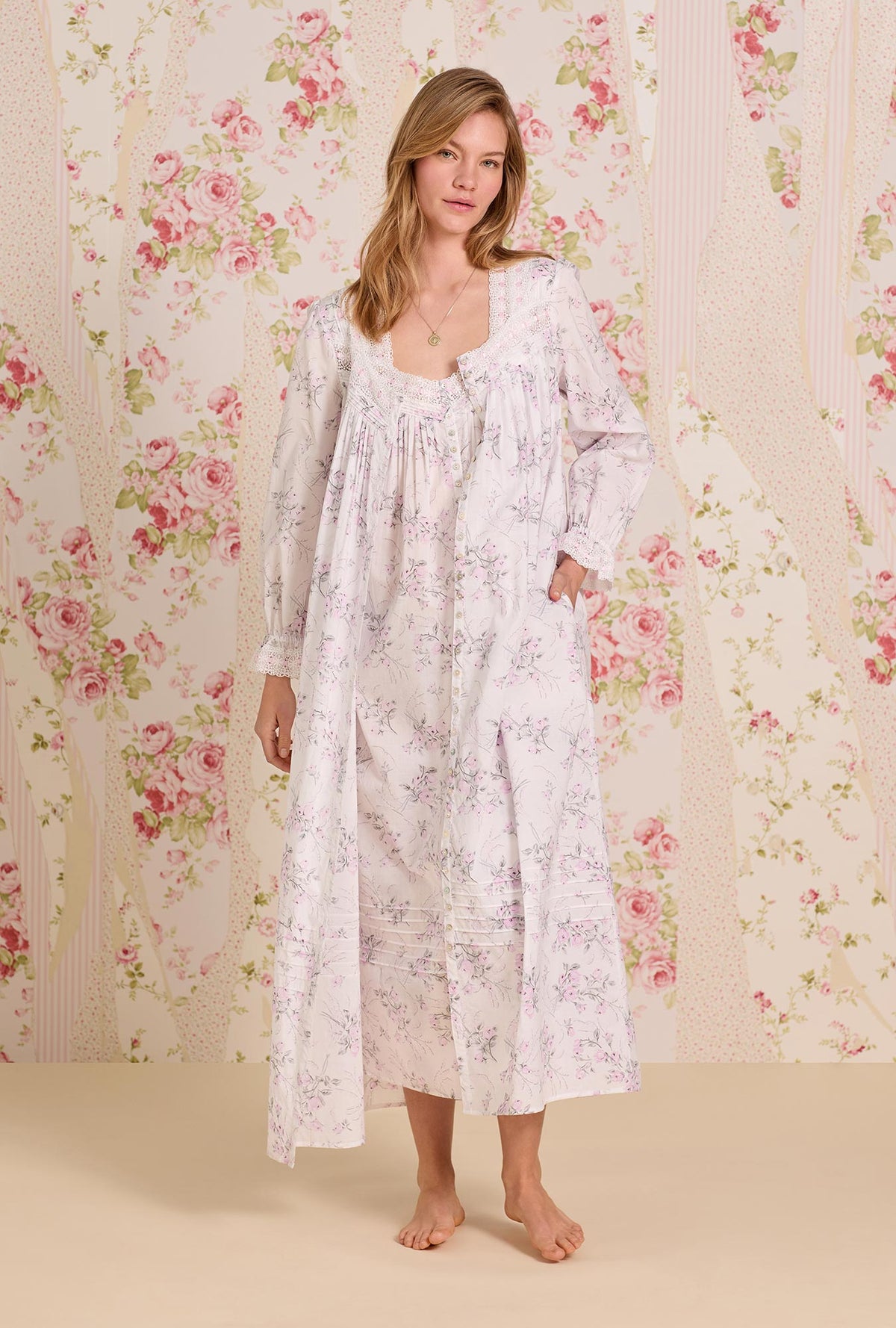 A lady wearing Quiet Bloom Cotton Lawn Button Front Robe