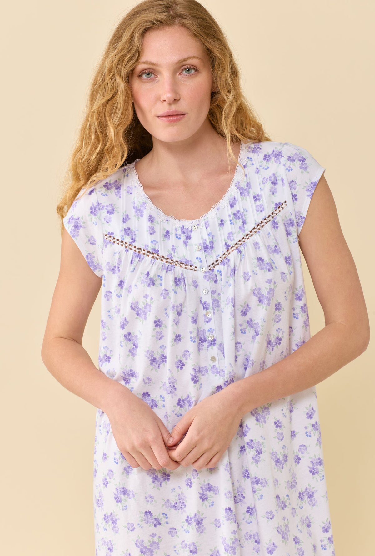 A Lady Wearing Garden Blossom Chemise in a front facing close up view pose