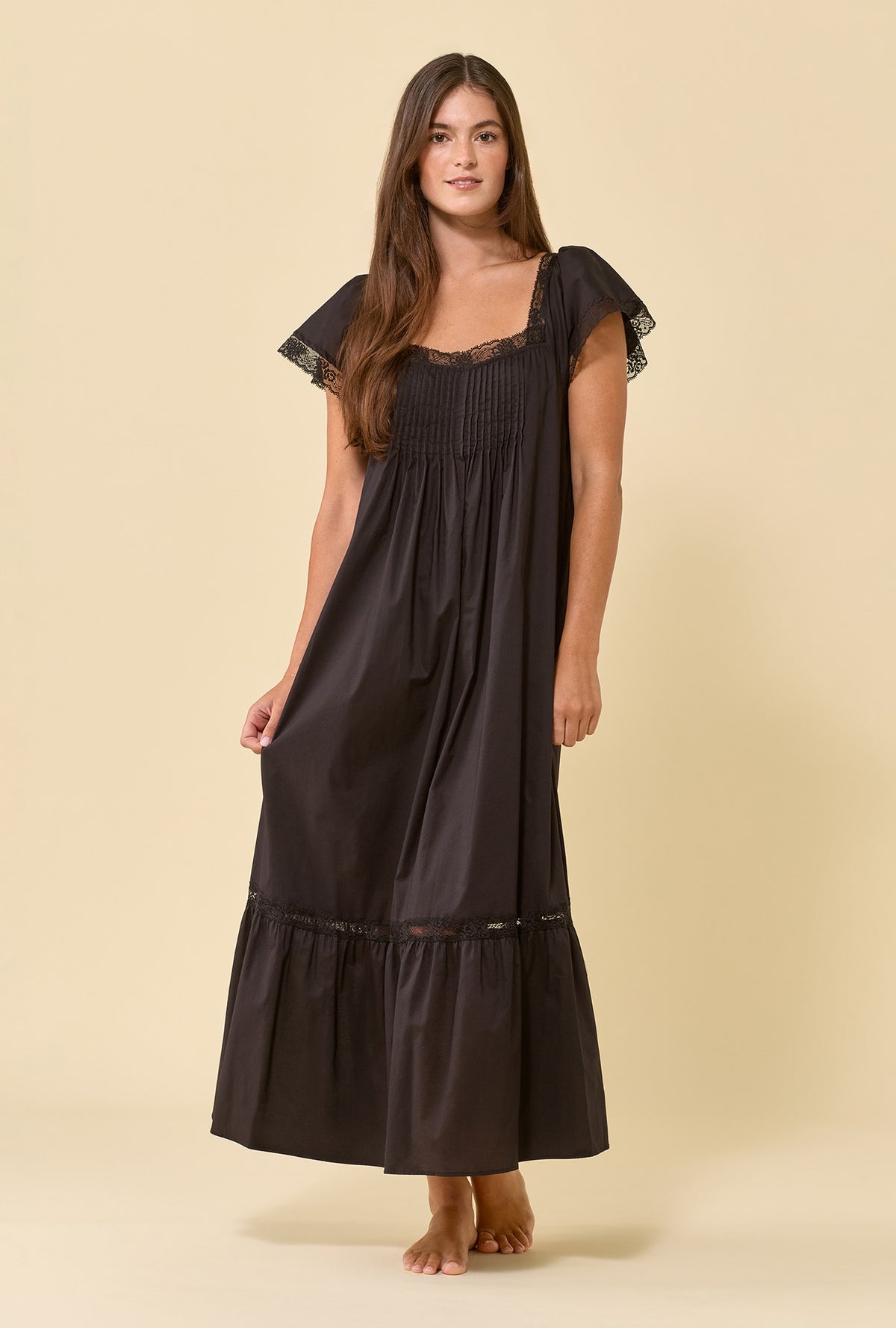 Grace Iconic Black 100% Cotton Woven Lawn Flutter Sleeve Ballet Nightgown