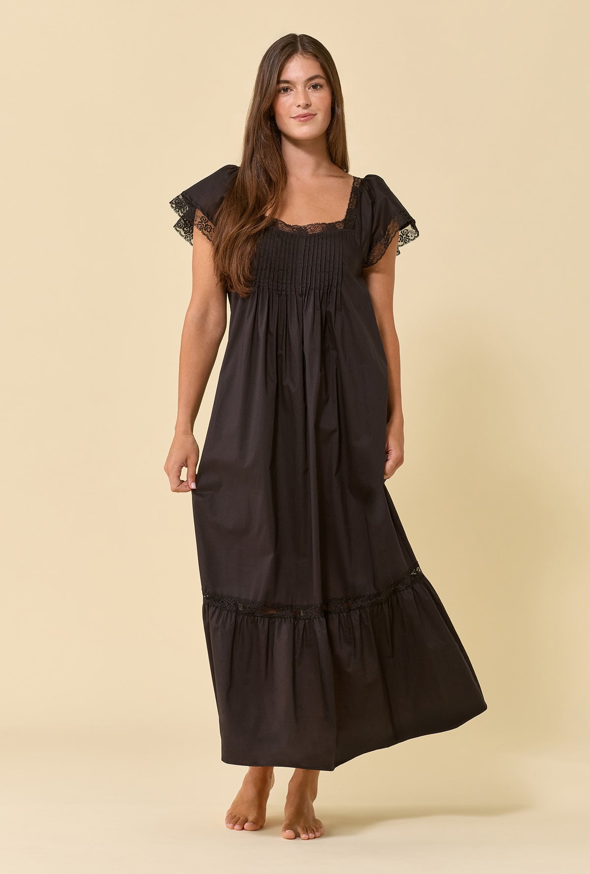 Grace Iconic Black 100% Cotton Woven Lawn Flutter Sleeve Ballet Nightgown
