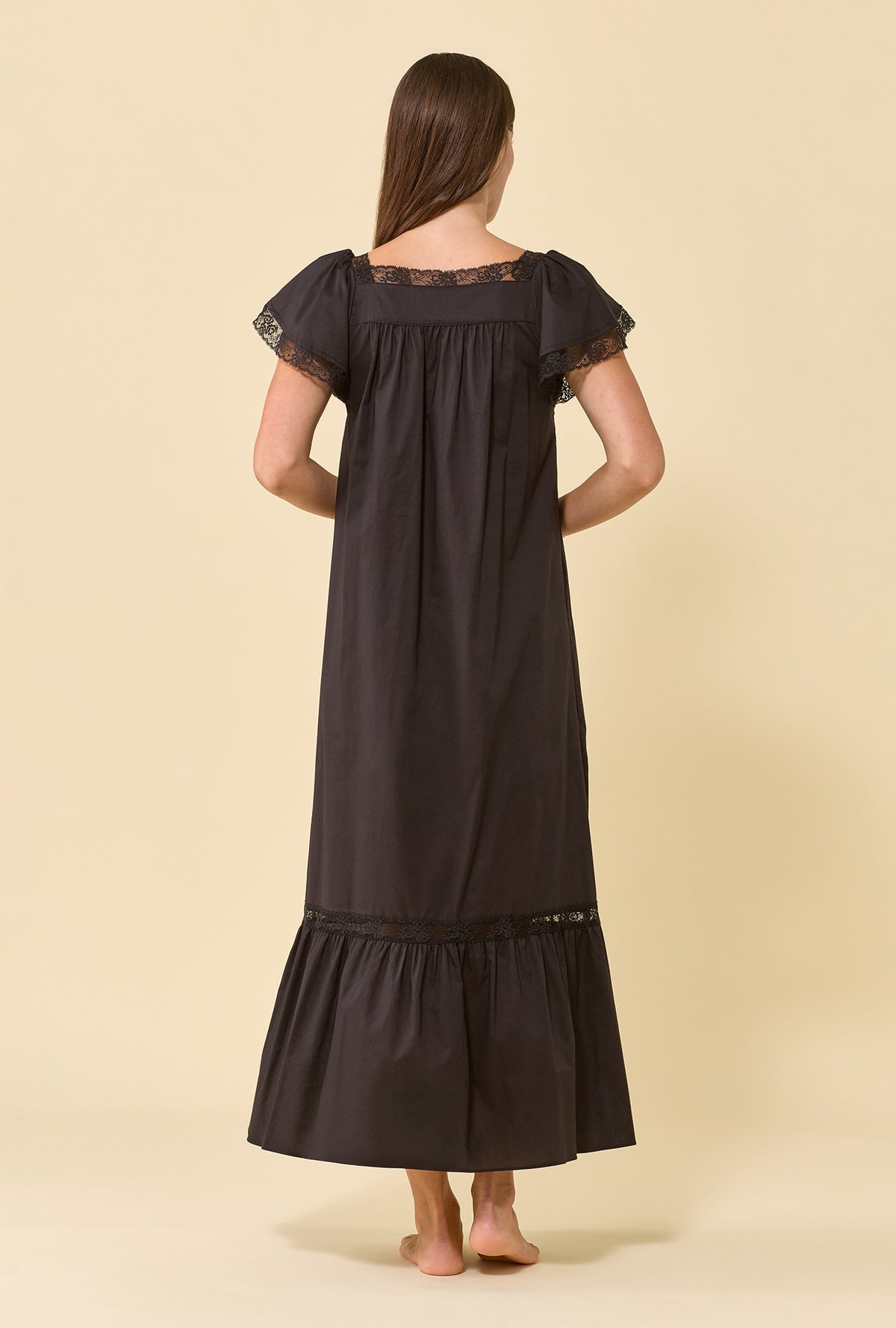 Grace Iconic Black 100% Cotton Woven Lawn Flutter Sleeve Ballet Nightgown