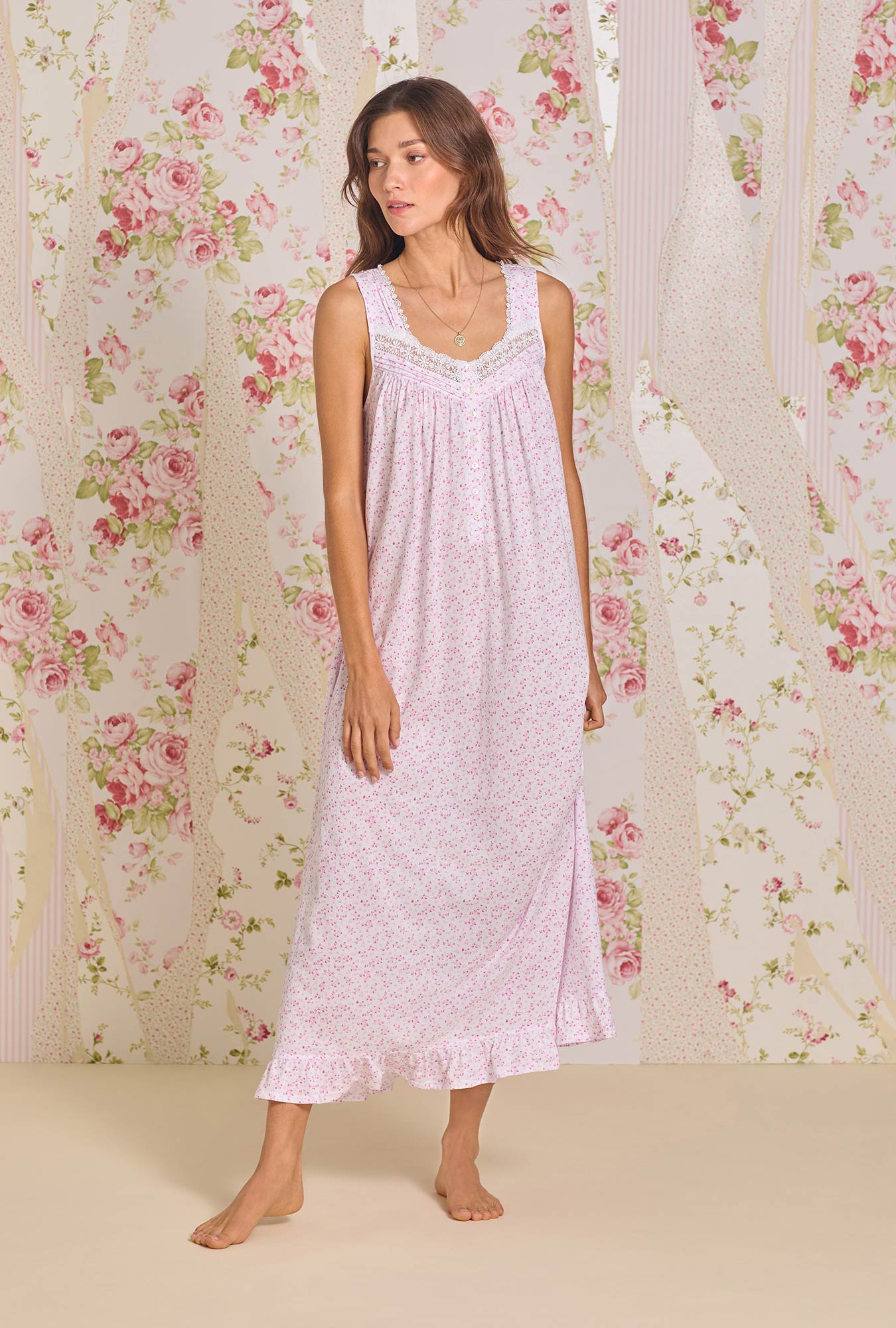 A lady wearing Cutesy Floral "Eileen" Cotton Modal Nightgown