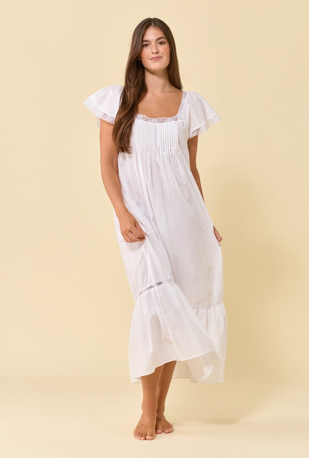 Grace Soft White 100% Cotton Woven Lawn Flutter Sleeve Ballet Nightgown