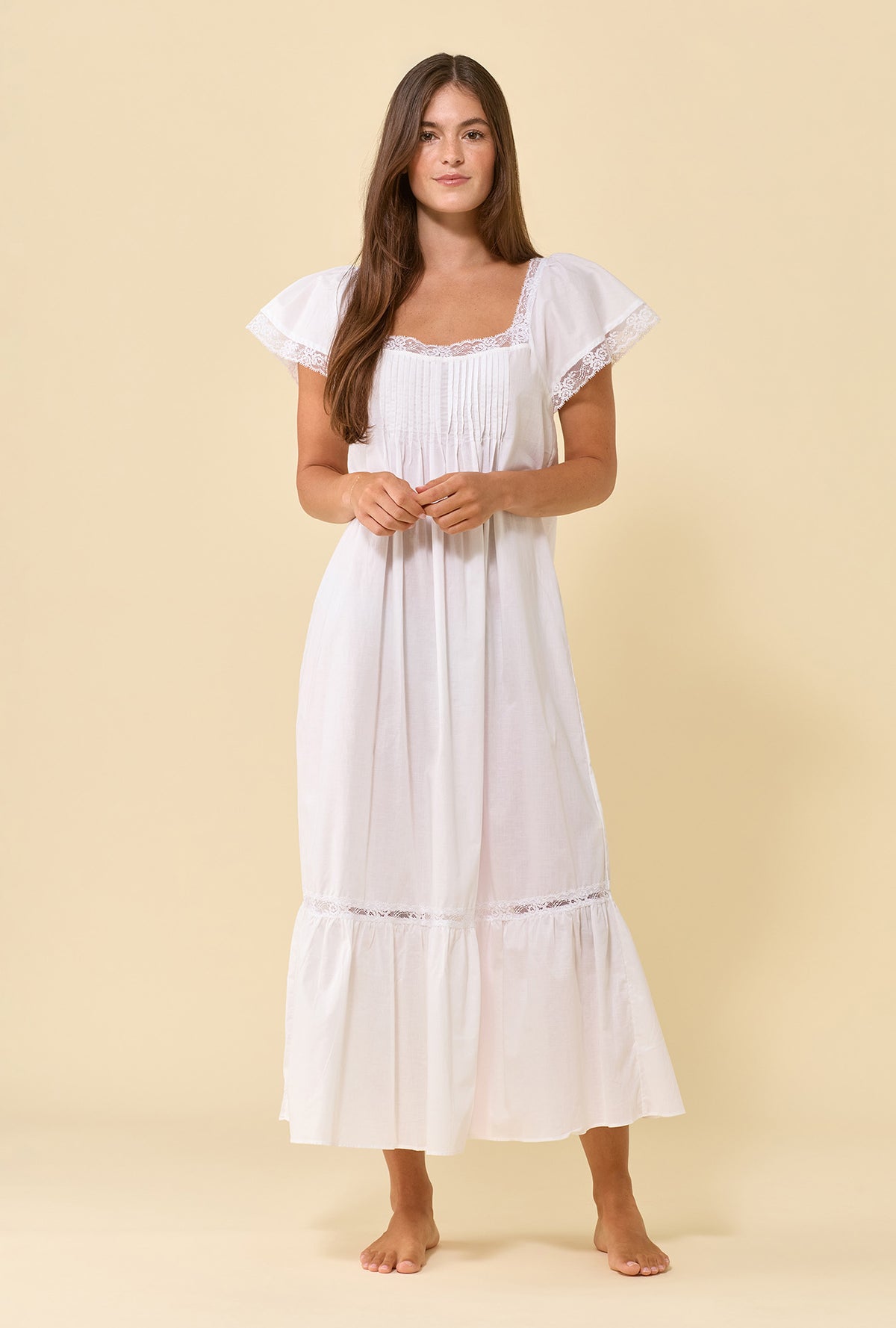 Grace Soft White 100% Cotton Woven Lawn Flutter Sleeve Ballet Nightgown
