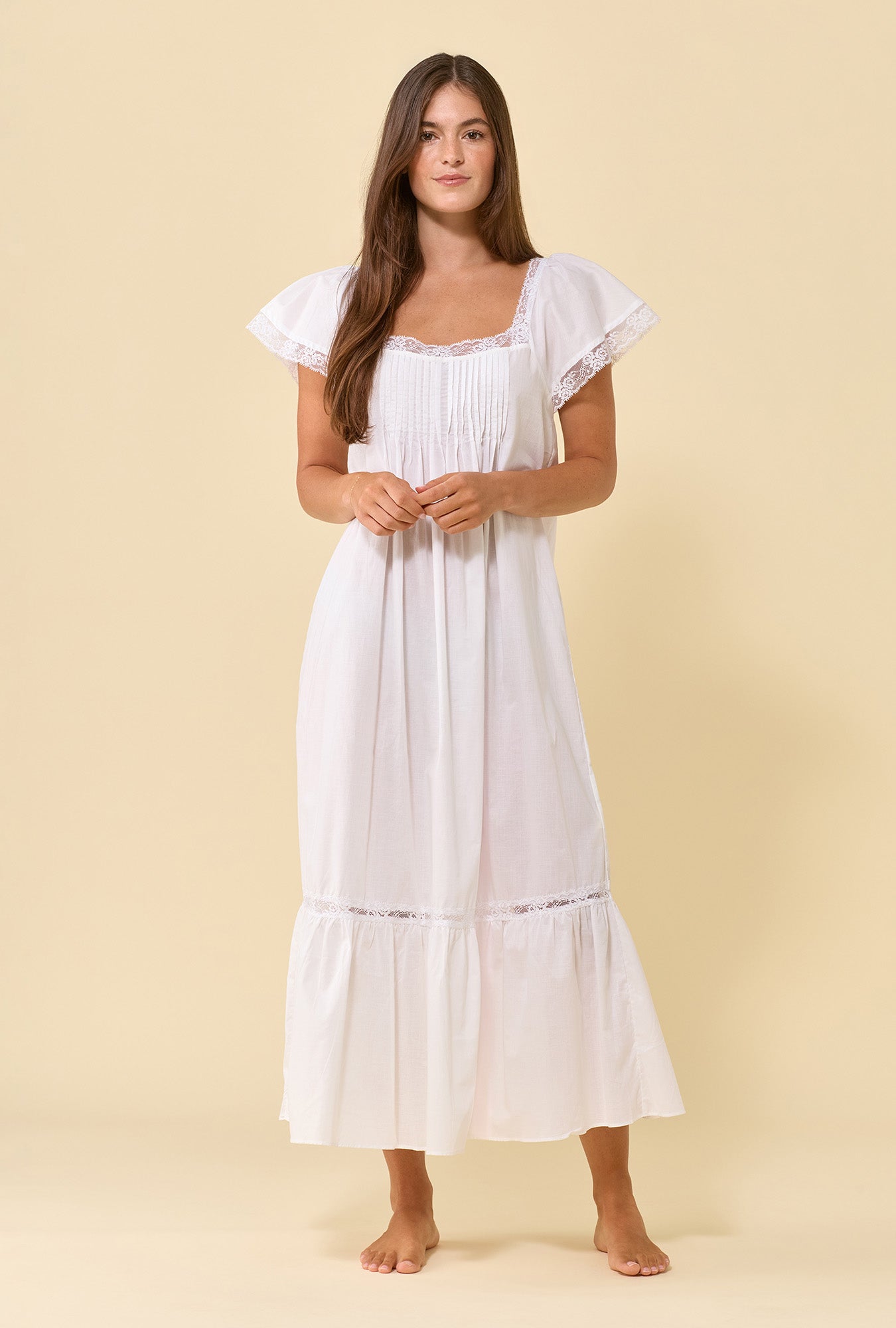Grace Soft White 100% Cotton Woven Lawn Flutter Sleeve Ballet Nightgown