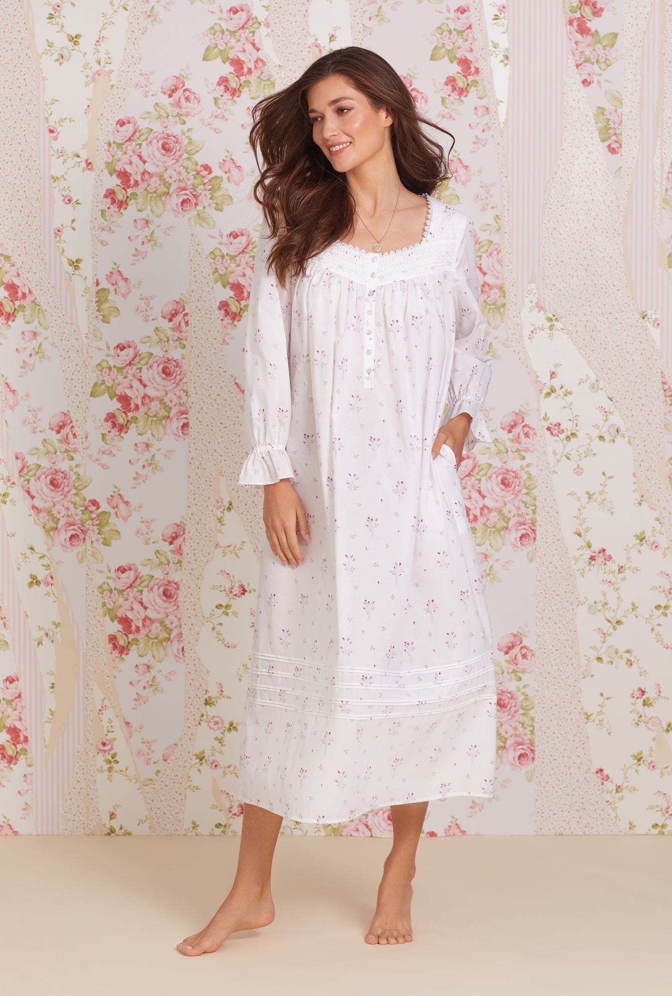 A lady wearing white Long Sleeve Cotton Lawn Nightgown with Dream Bouquet  print