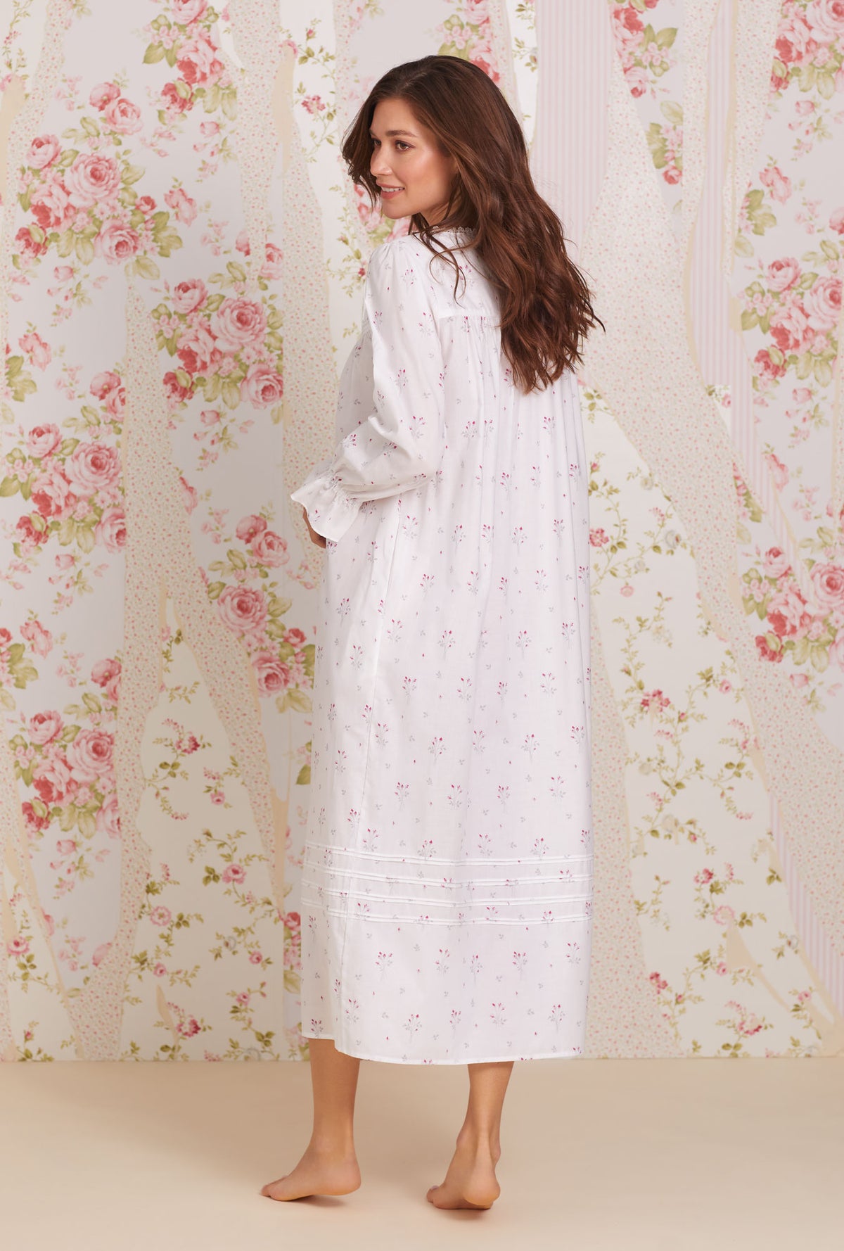 A lady wearing white Long Sleeve Cotton Lawn Nightgown with Dream Bouquet  print