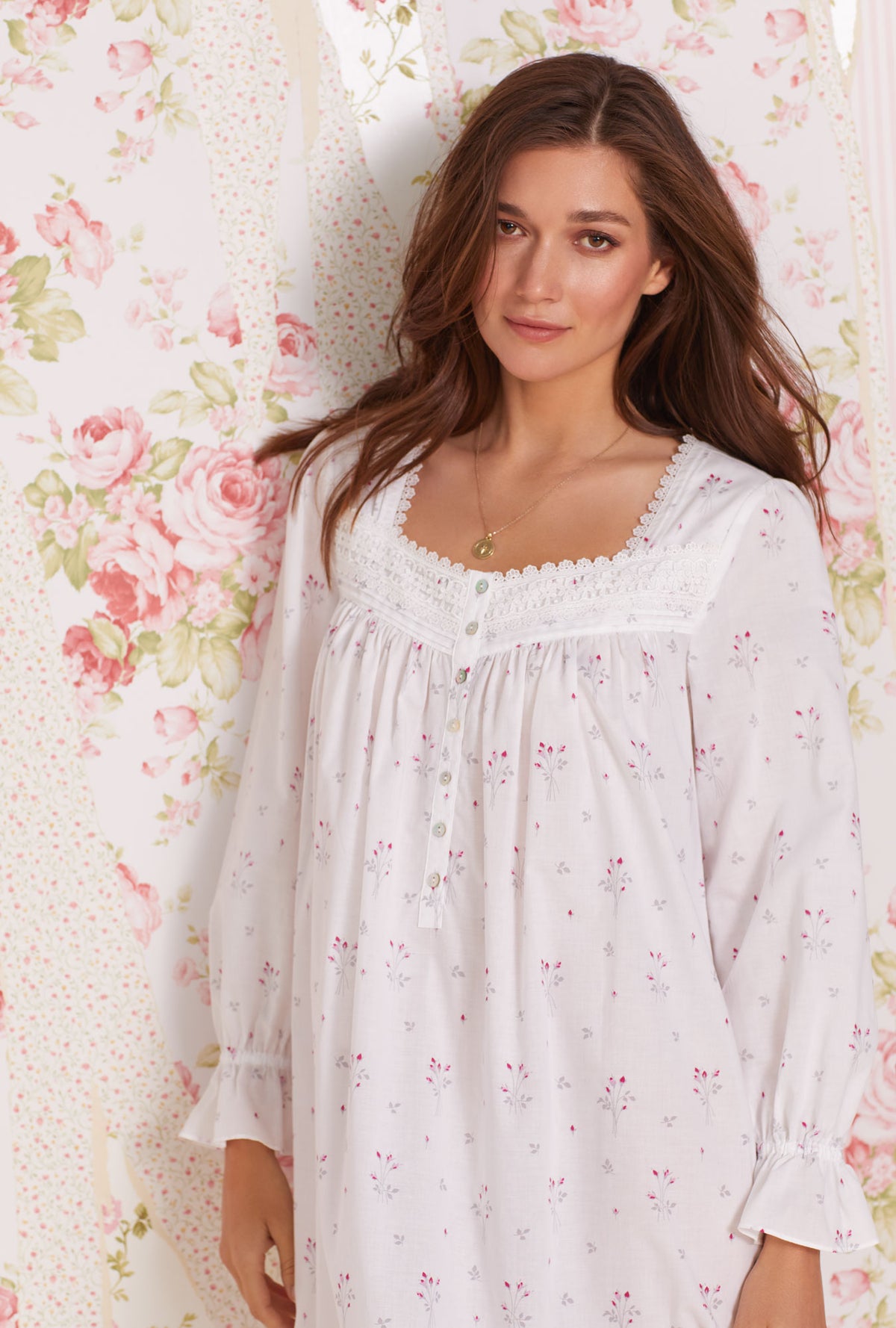 A lady wearing white Long Sleeve Cotton Lawn Nightgown with Dream Bouquet  print