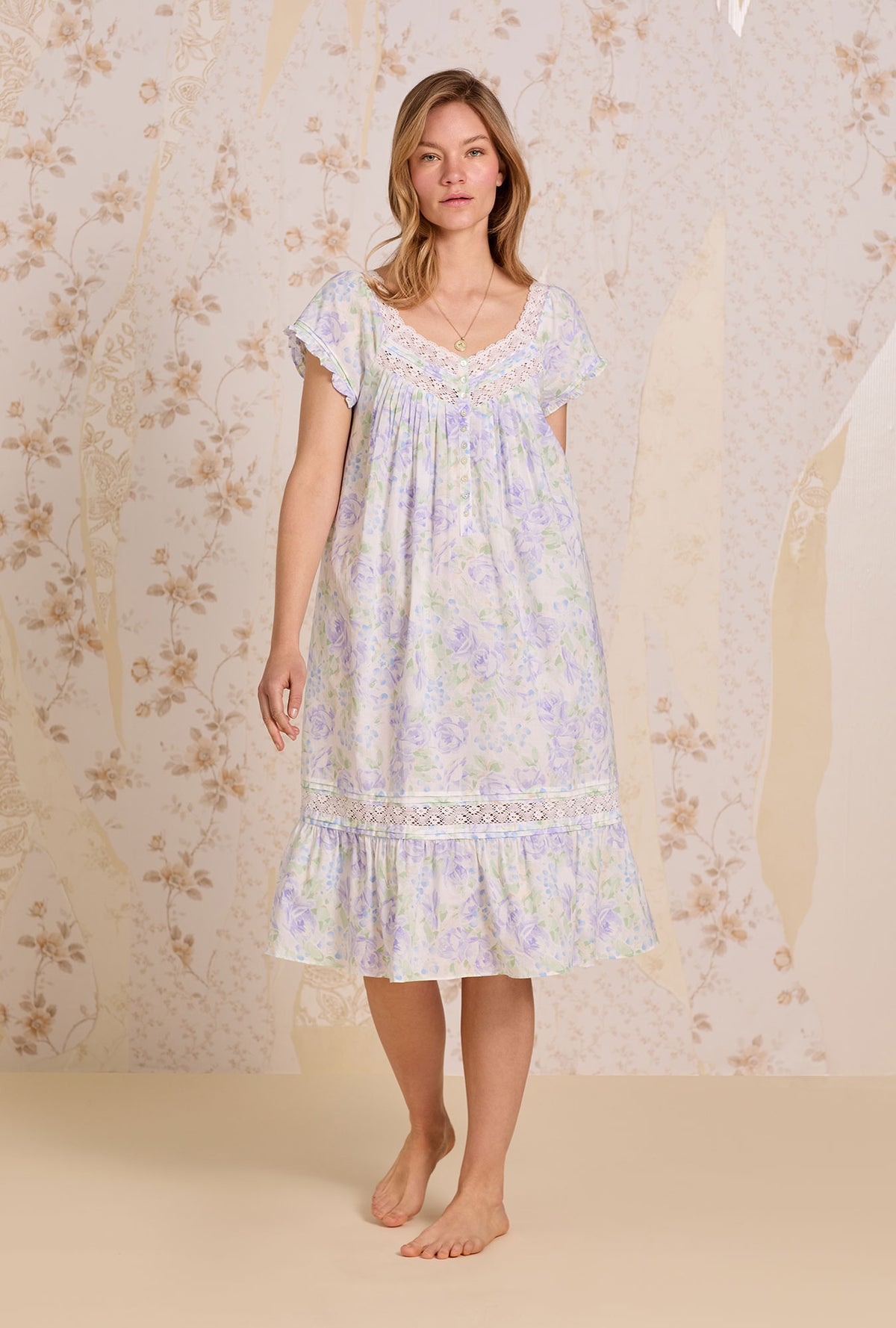 A lady wearing Lavender Echo Cotton Lawn Waltz Nightgown