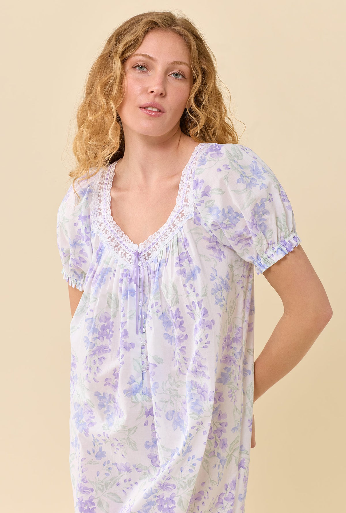 A lady wearing Blooming Arbor Nightgown closer look