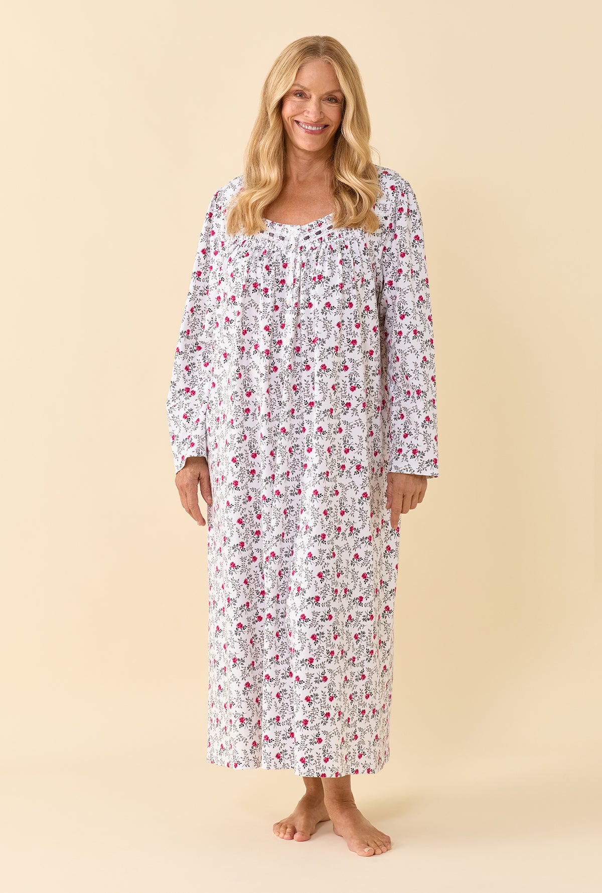 A lady wearing Meadow Rose 100% Cotton Jersey Knit Long Sleeve Ballet Nightgown Front view