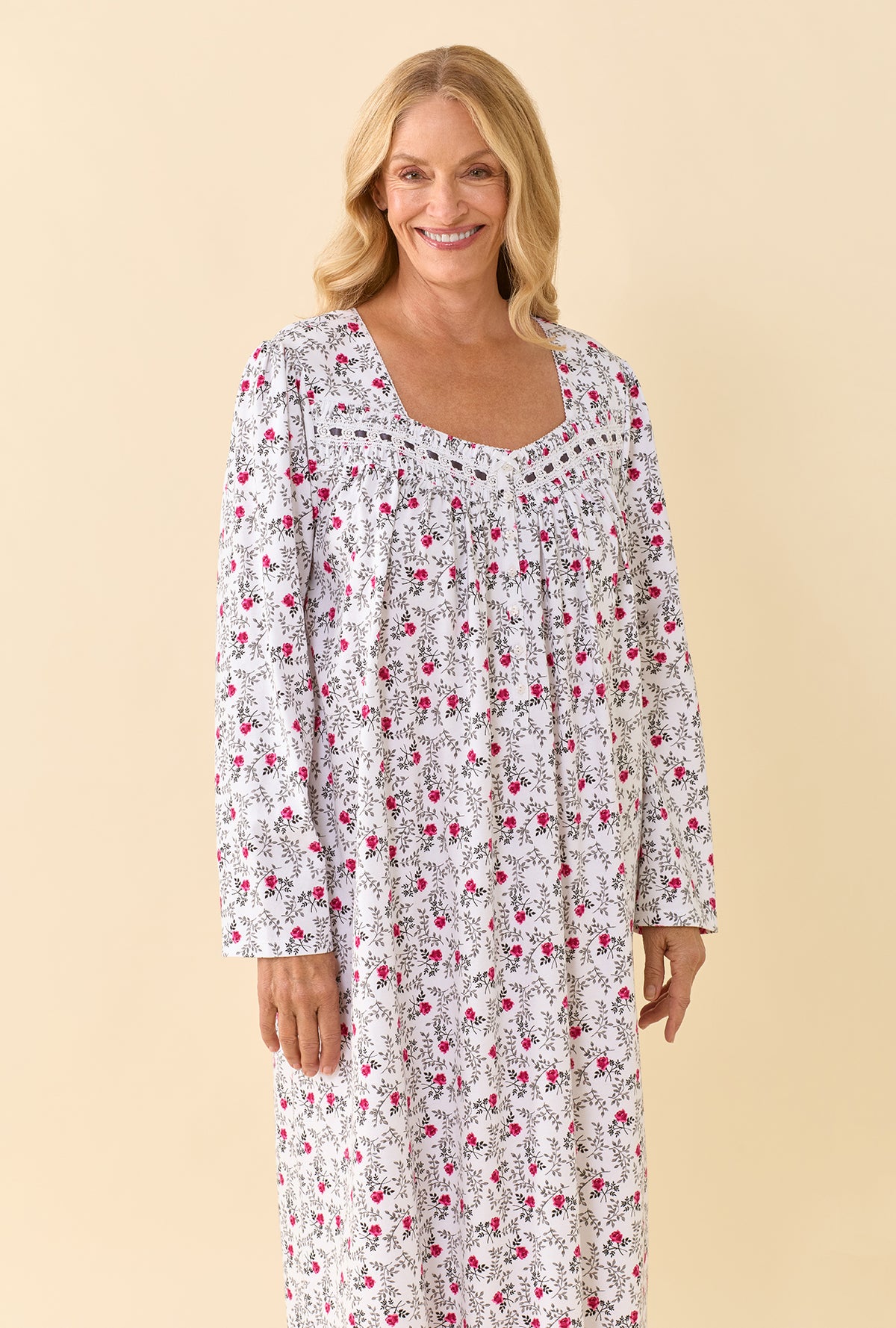 A lady wearing Meadow Rose 100% Cotton Jersey Knit Long Sleeve Ballet Nightgown close up on the gown