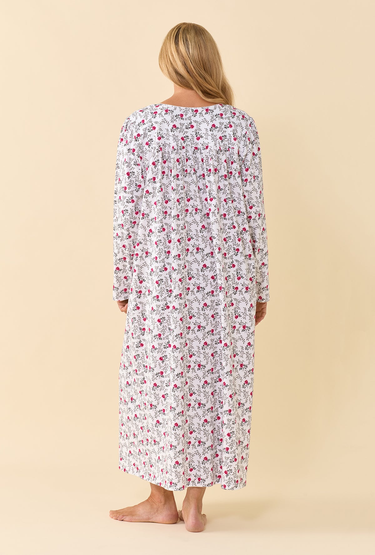 A lady wearing Meadow Rose 100% Cotton Jersey Knit Long Sleeve Ballet Nightgown back view