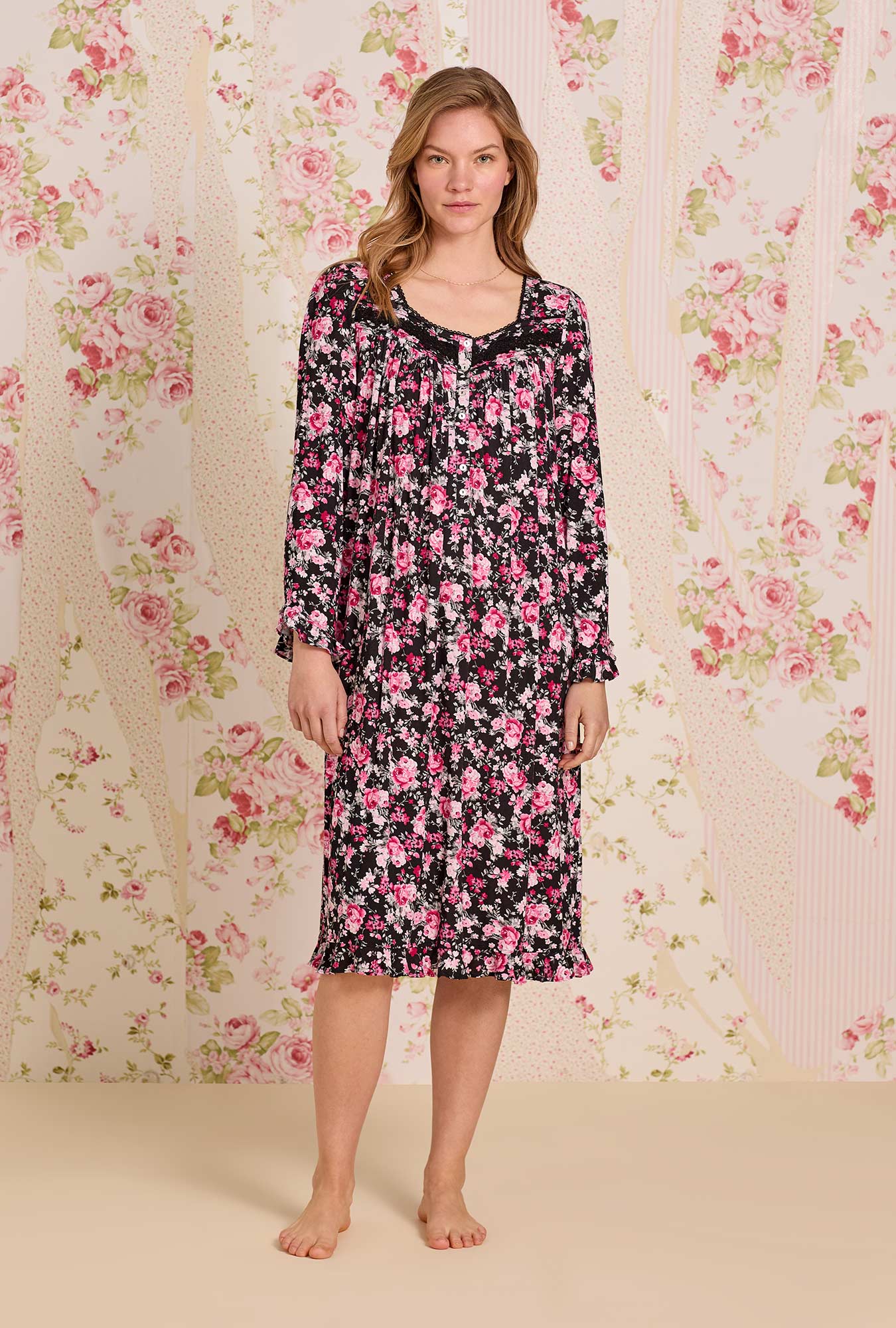 A lady wearing Evening Floral Tencel™ Modal Long Sleeve Ballet Nightgown