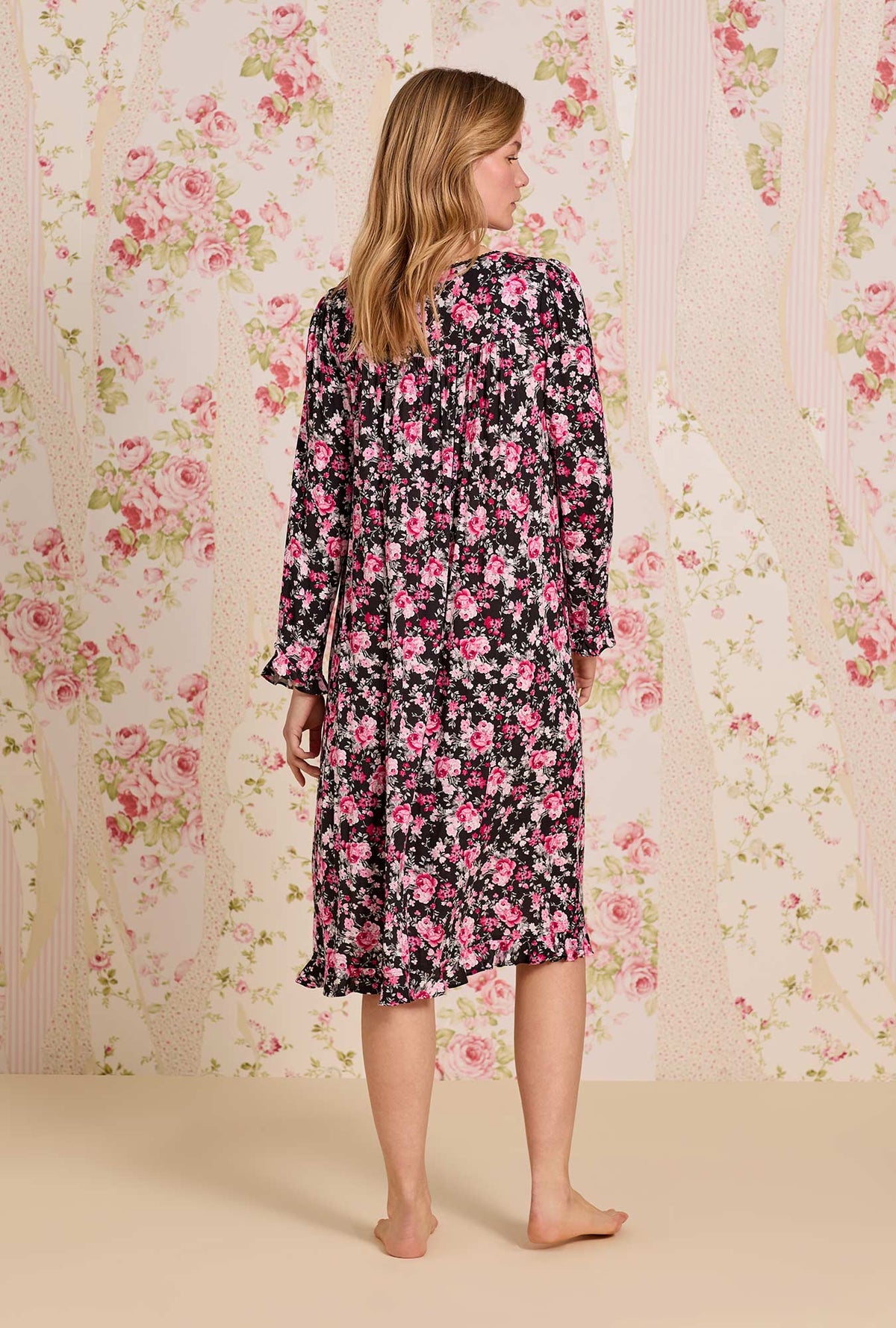 A lady wearing Evening Floral Tencel™ Modal Long Sleeve Ballet Nightgown