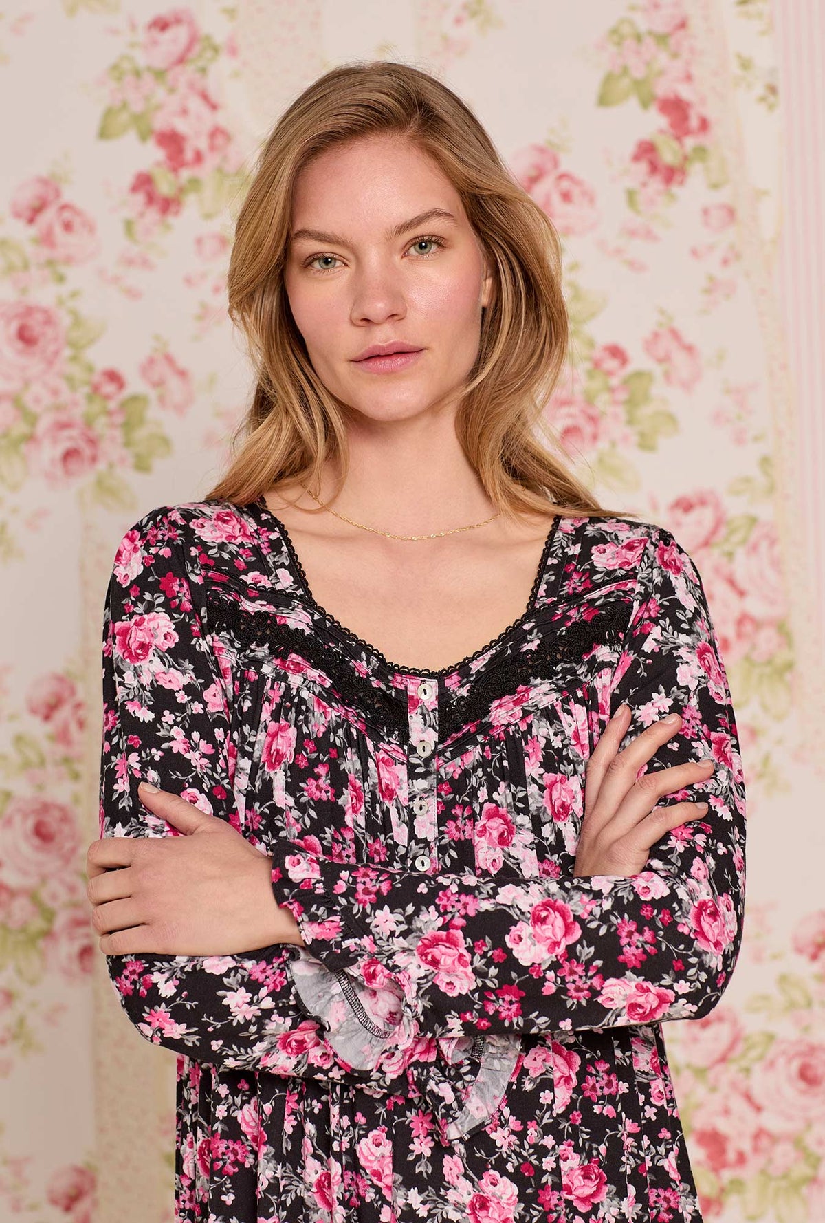 A lady wearing Evening Floral Tencel™ Modal Long Sleeve Ballet Nightgown
