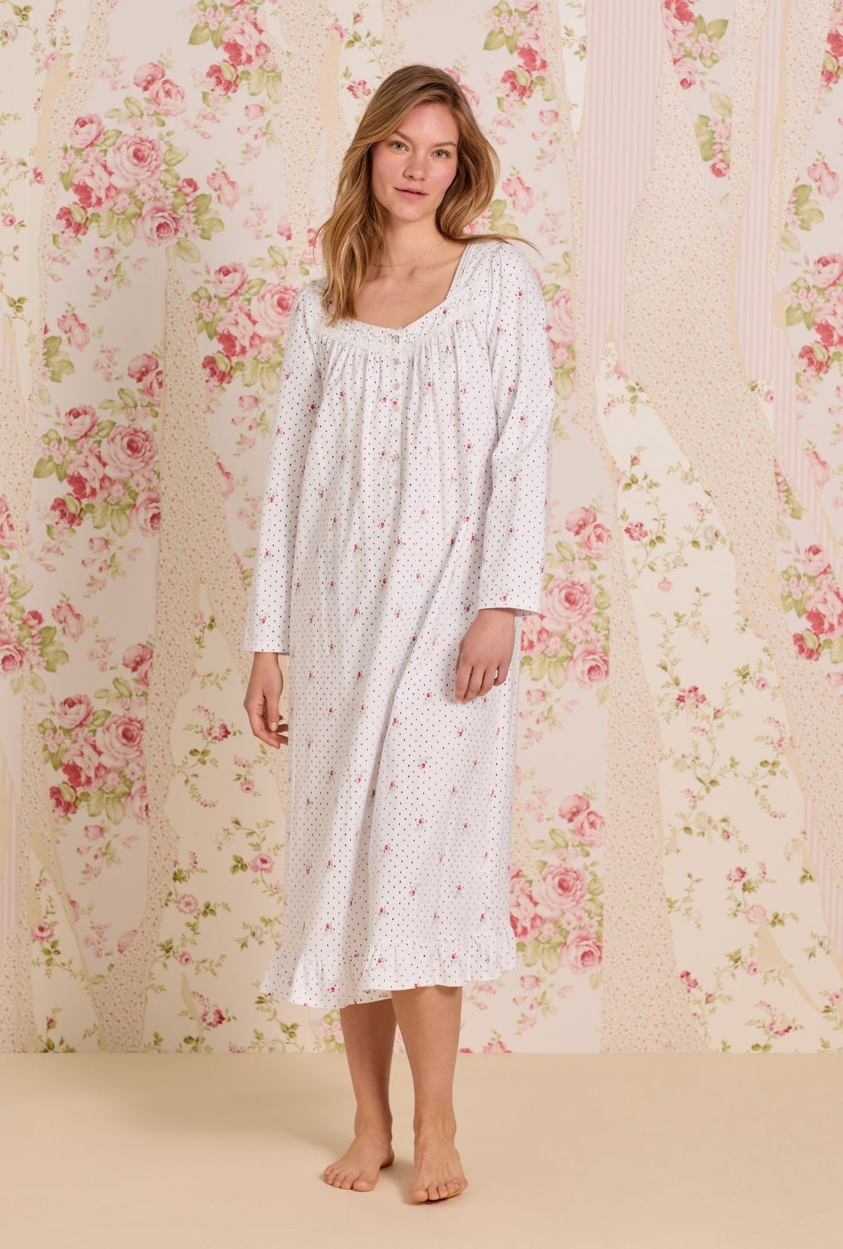A Lady wearing Rosebud Dot Cotton Knit Long Sleeve Ballet Nightgown