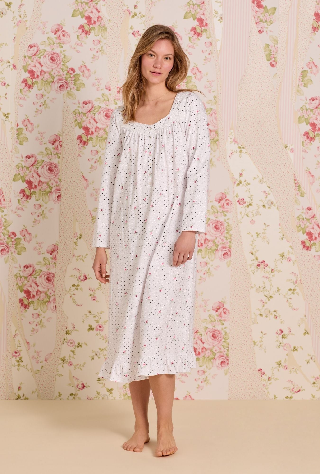 A Lady wearing Rosebud Dot Cotton Knit Long Sleeve Ballet Nightgown