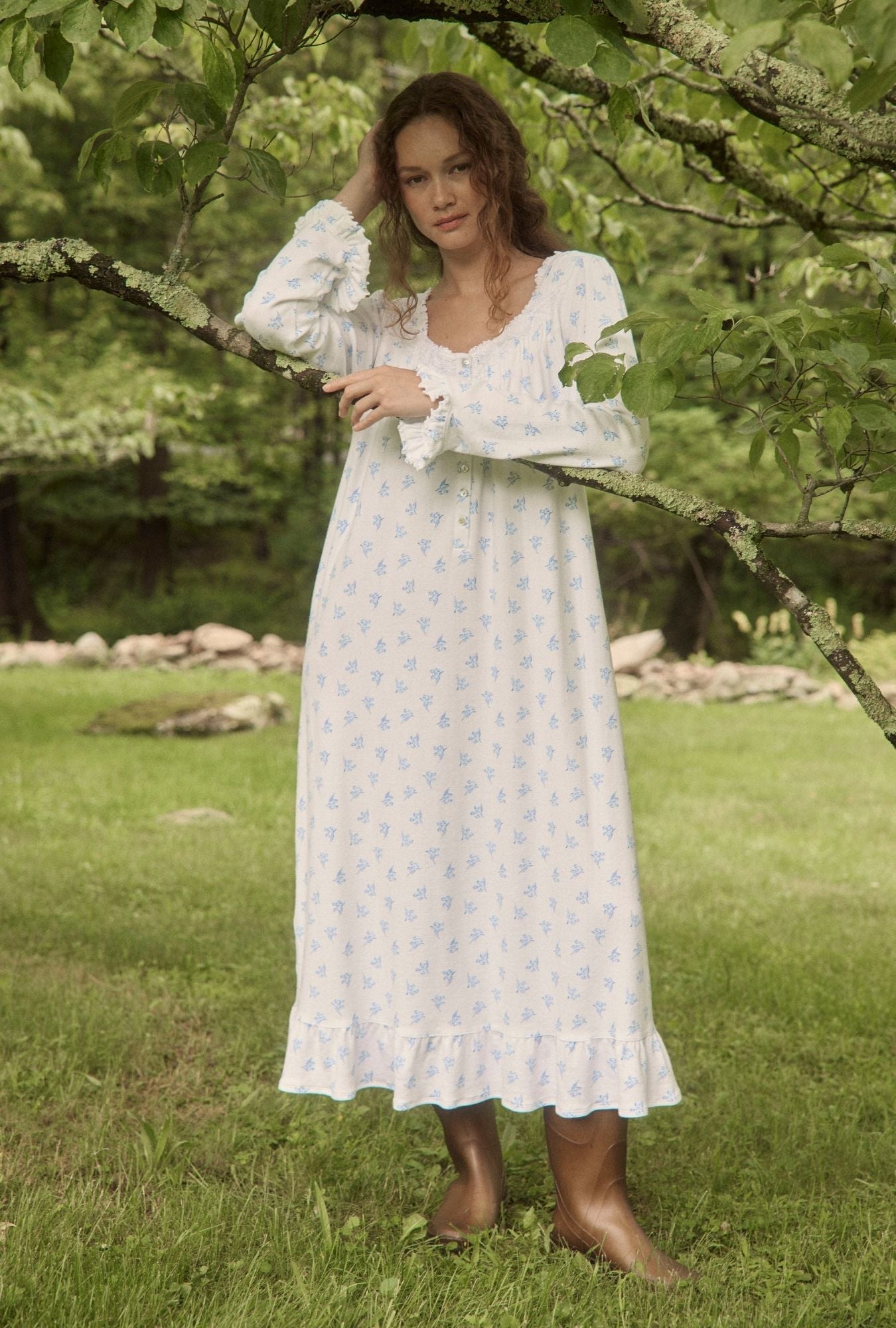 A lady wearing Lily Reverie Cotton Pointelle Long Sleeve Ballet Nightgown