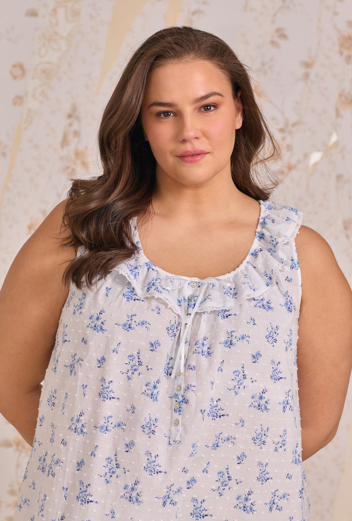 A lady wearing plus size The "Rosalie" Sonoma Garden Cotton Swiss Dot Ballet Nightgown closer look