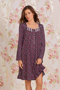 A lady wearing red  jersey Cotton Short Knit Nightgown with Berry Floral Delight print