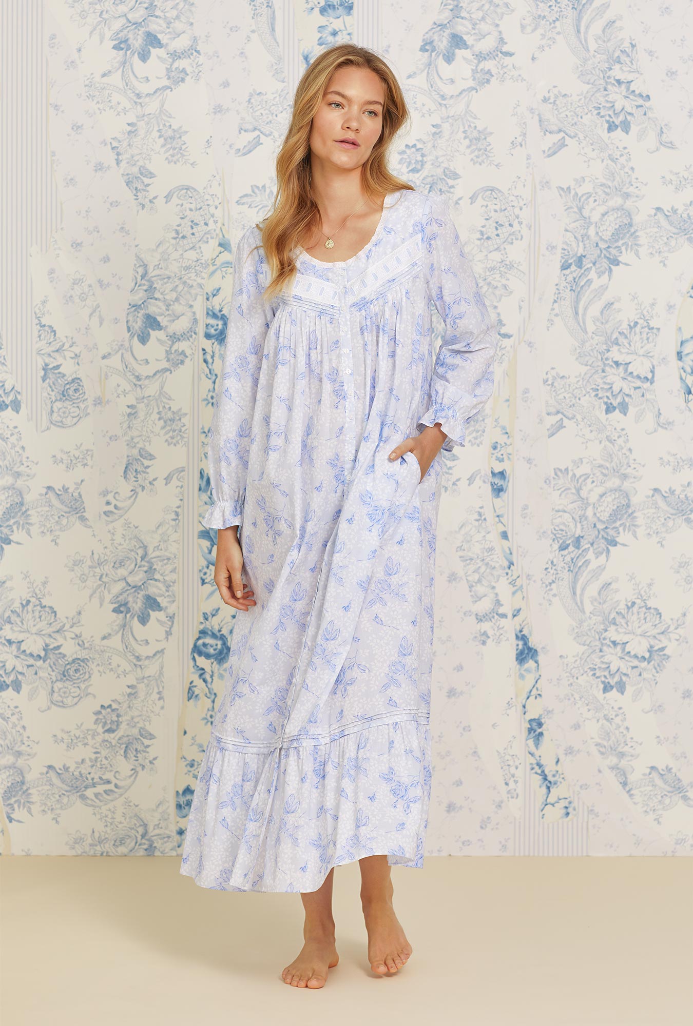 A lady wearing Laurel Canyon Roses Button Front Cotton Robe