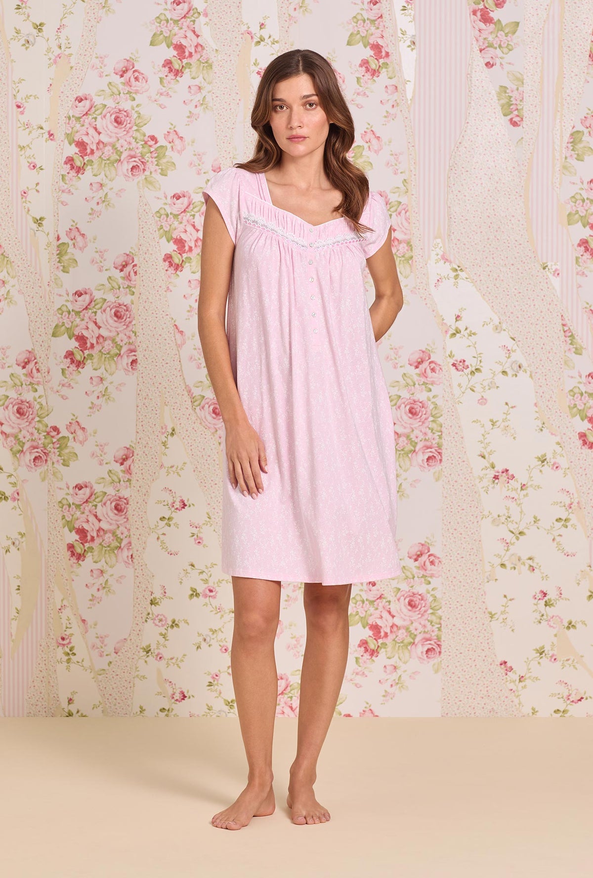 A Lady Wearing Wildflower Cotton Knit Cap Sleeve Chemise Front view