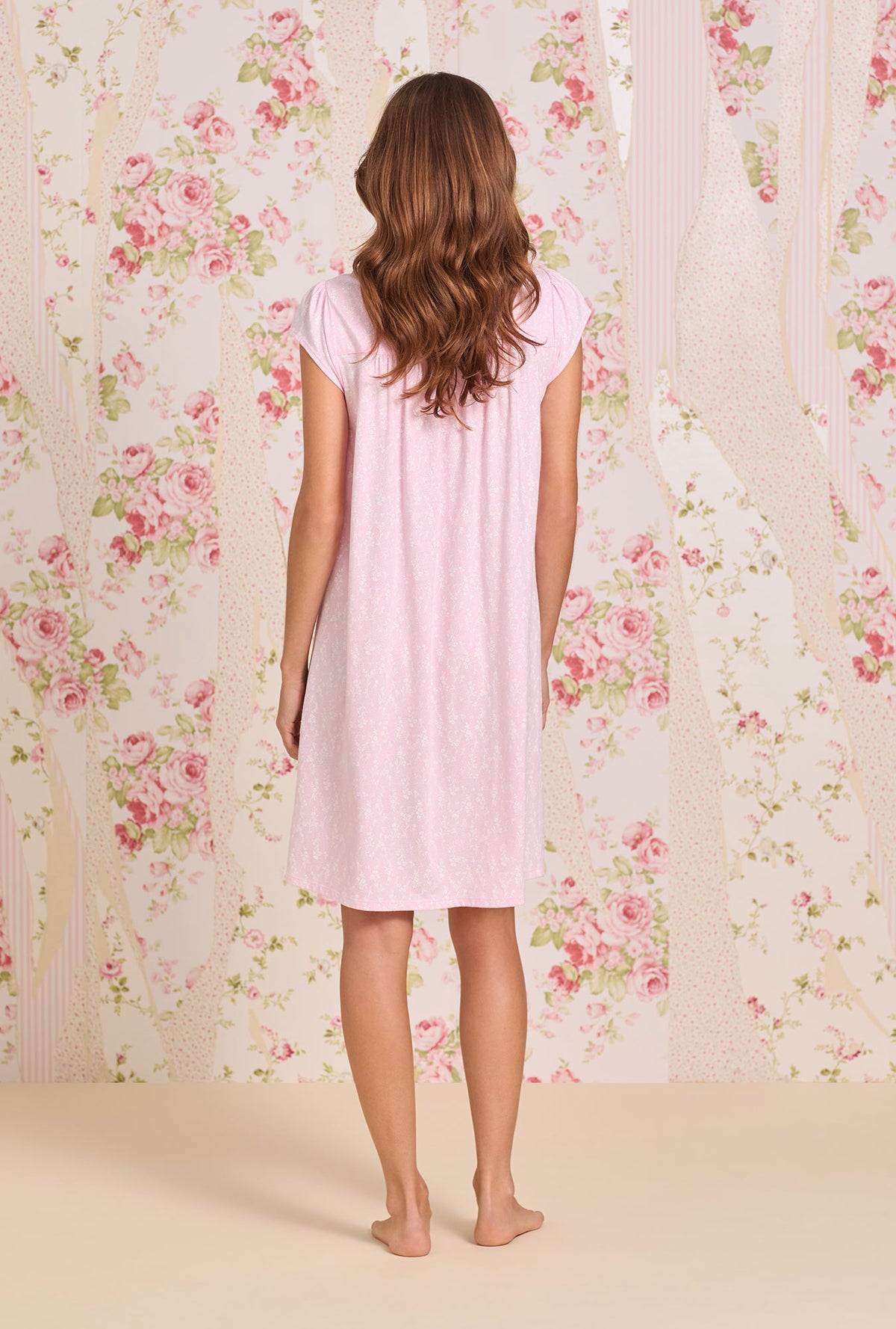 A Lady Wearing Wildflower Cotton Knit Cap Sleeve Chemise Back view