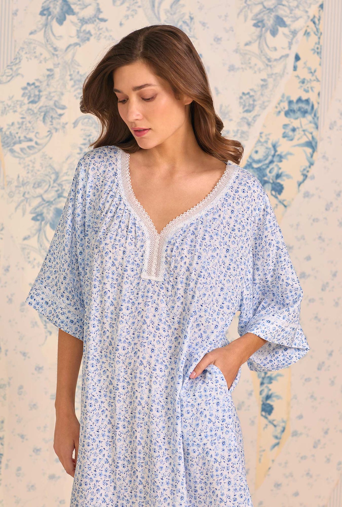 A lady wearing Coastal Sprig Ecovero™ Rayon Caftan closer look