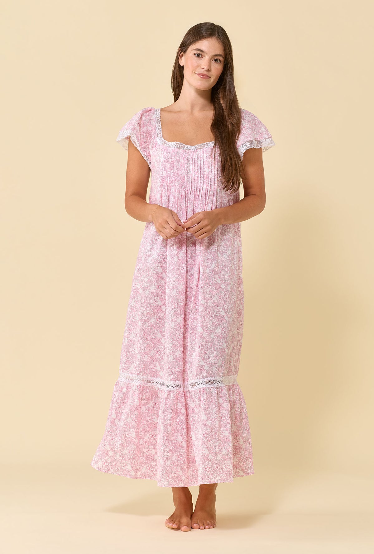 Grace Cameo Garden 100% Cotton Woven Lawn Flutter Sleeve Ballet Nightgown