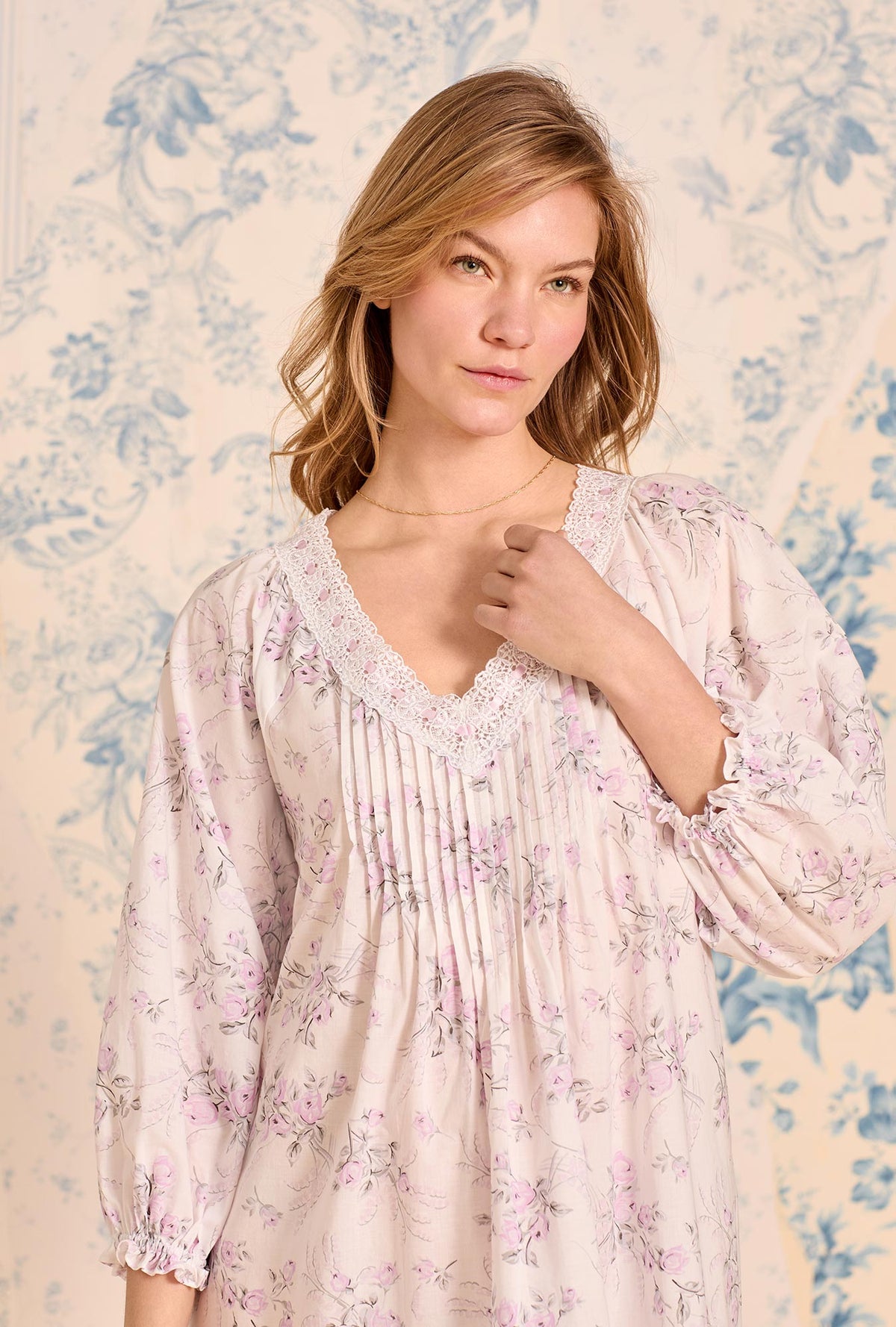 A lady wearing The &quot;Marielle&quot; Quiet Bloom Cotton Lawn Waltz Nightgown