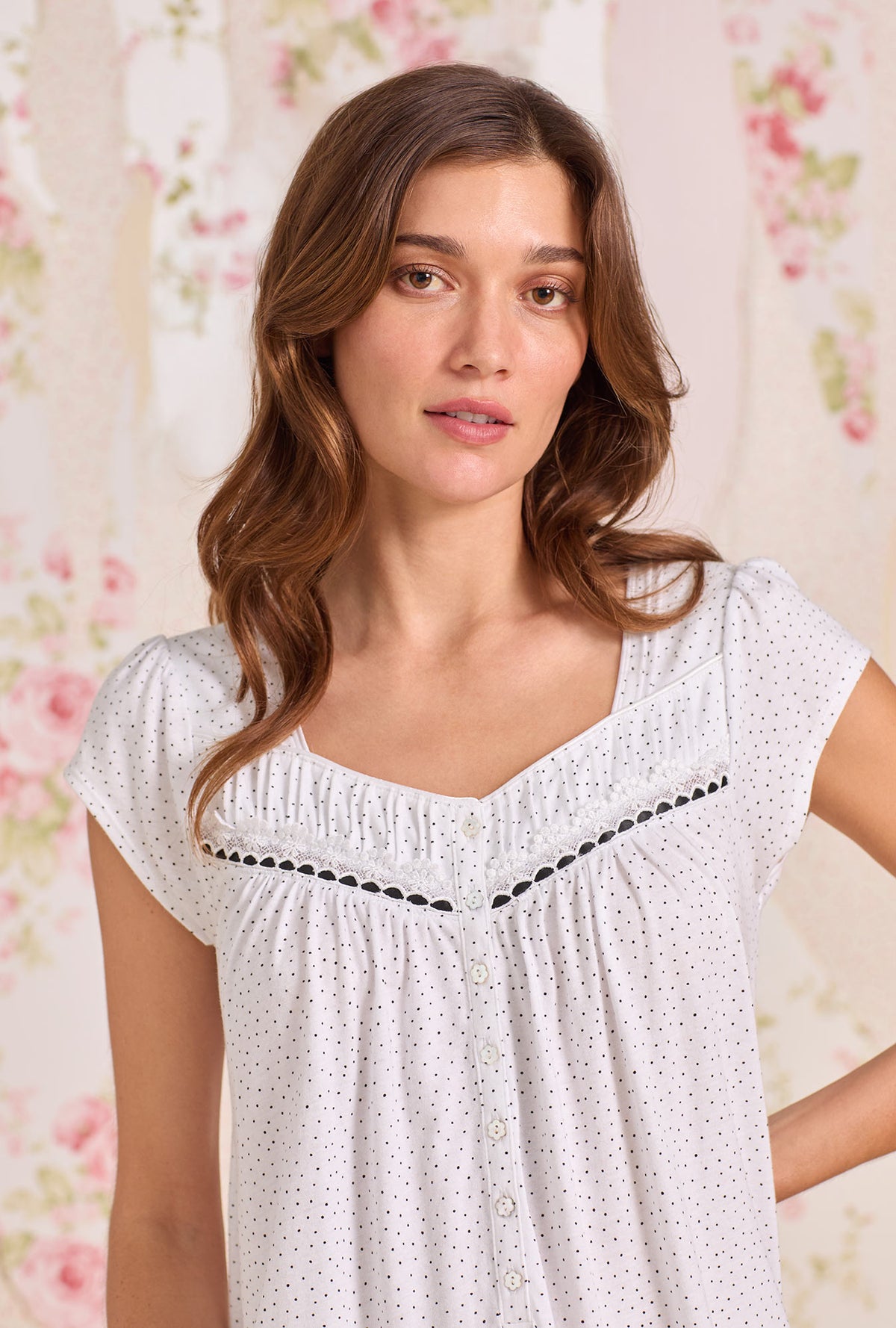 A Lady Wearing Classic Dot Cotton Knit Cap Sleeve Chemise Close up view