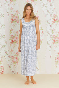 A lady wearing grey sleeveless knit nightgown with tencel peony blooms print.