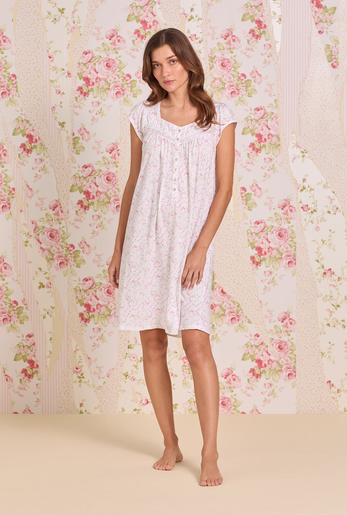 A Lady Wearing Rosevine Ditsy Cotton Knit Cap Sleeve Chemise