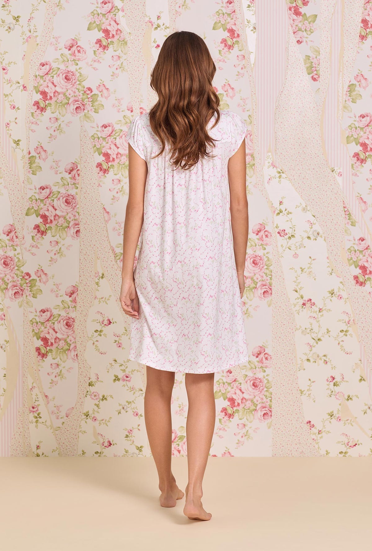 A Lady Wearing Rosevine Ditsy Cotton Knit Cap Sleeve Chemise Back view